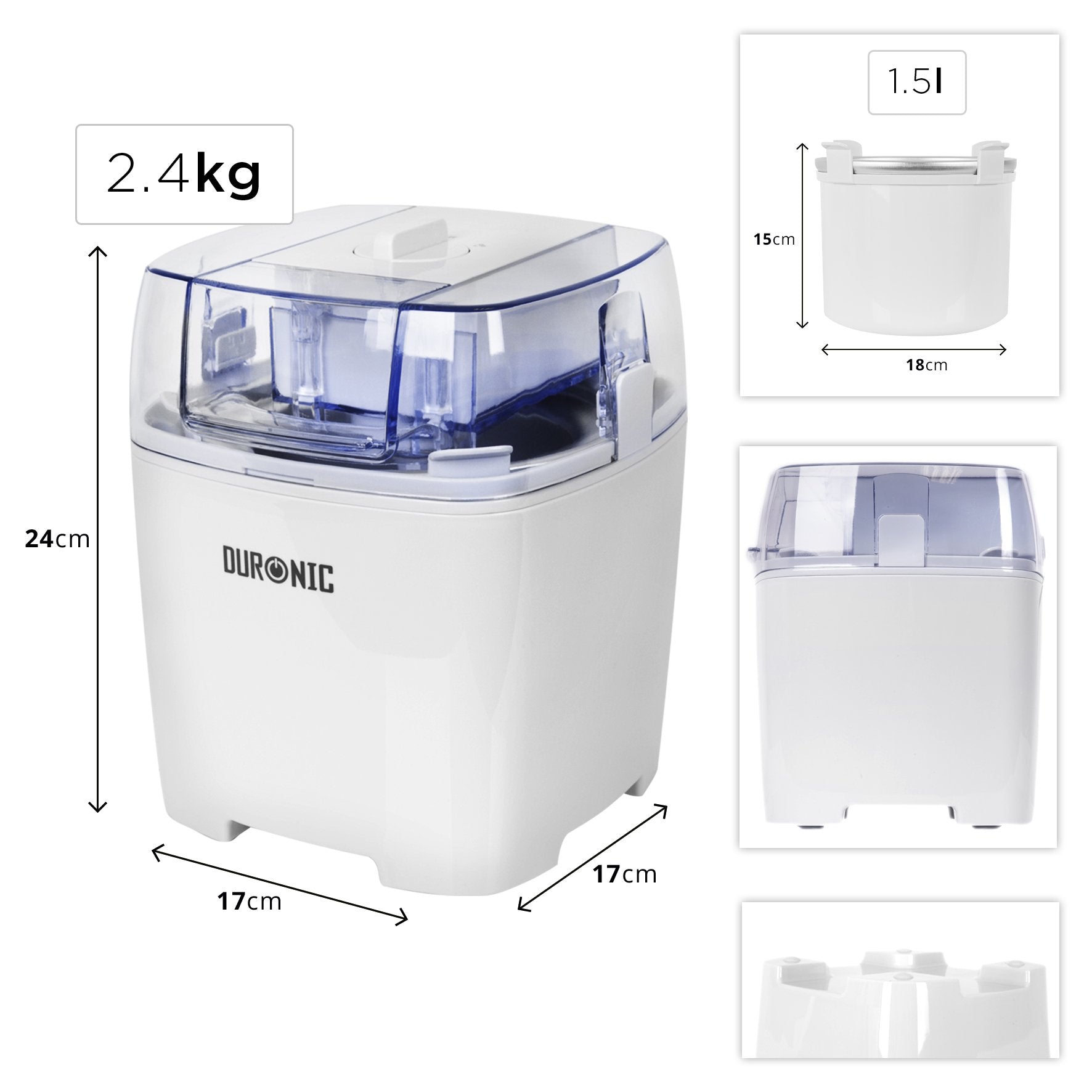 Duronic IM540 Machine à glace et sorbetière électrique Cuve amovible en inox de 1,5 litres Turbine idéale pour créer des glaces sorbets yaourts glacés crèmes glacée et desserts faits maison