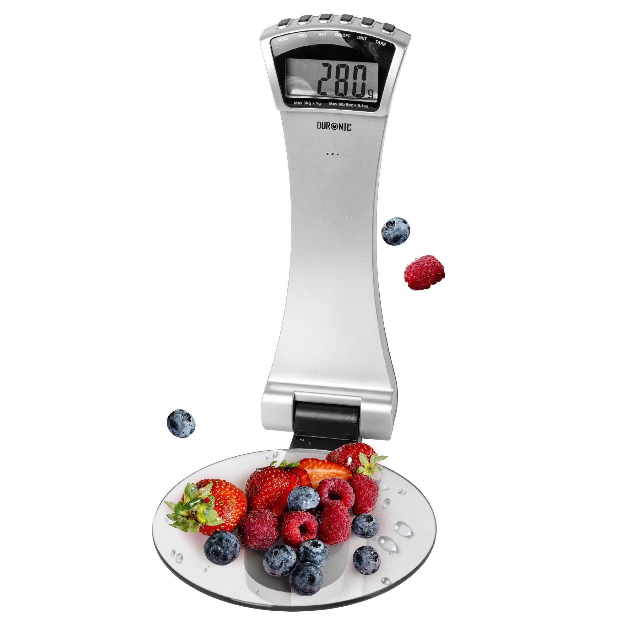 Duronic KS4000 Balance de cuisine argentée | Capacité de 3 kg | Fixations murales | Minuterie | Large écran numérique | Fonction d'ajout de poids | Idéale pour la pâtisserie ou comme balance postale