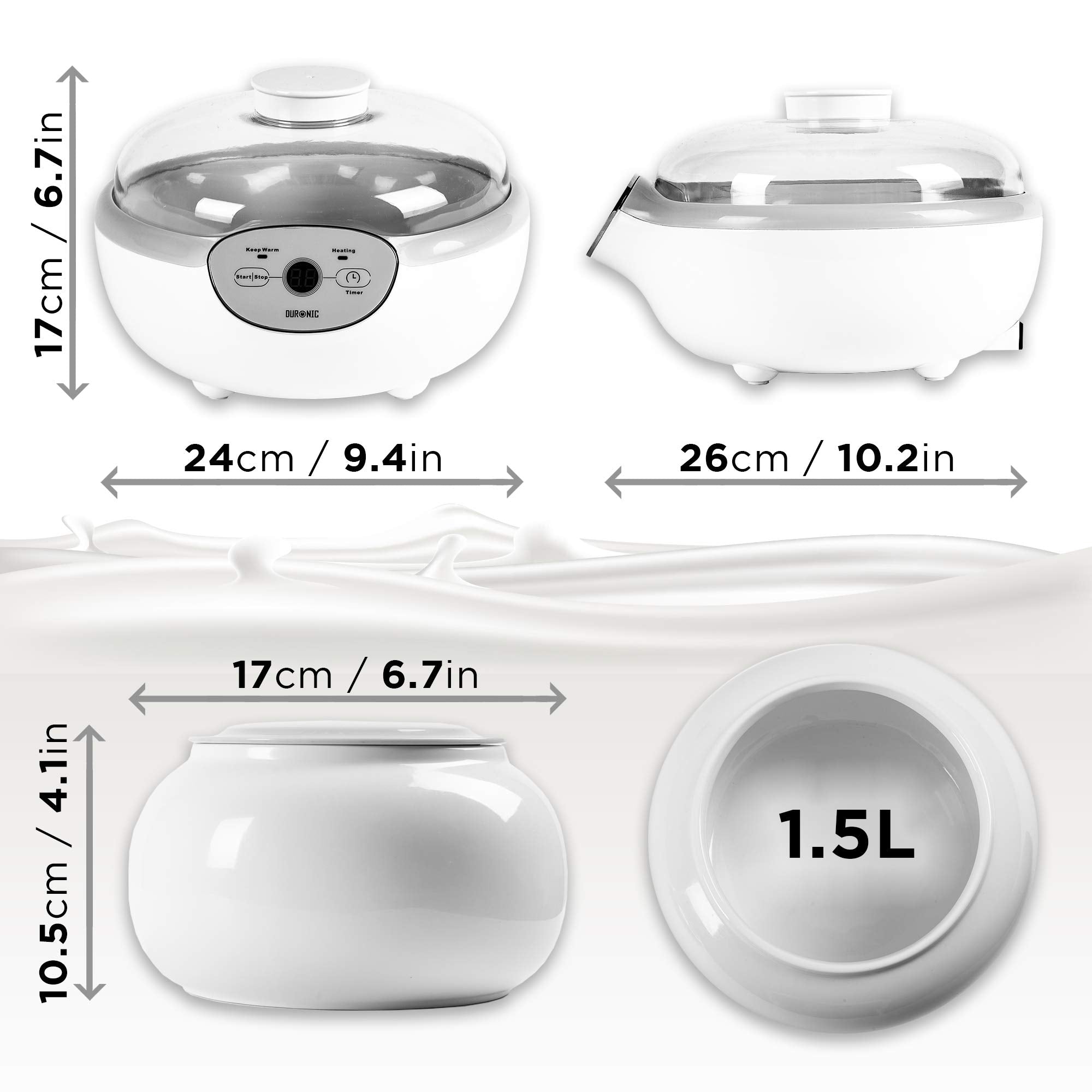 Duronic YM1 Yaourtière électrique programmable 1 pot de 1500 ml Machine à yaourt avec Thermostat et Pot de 1.5 L en Céramique Préparer des yaourts et desserts faits-maison