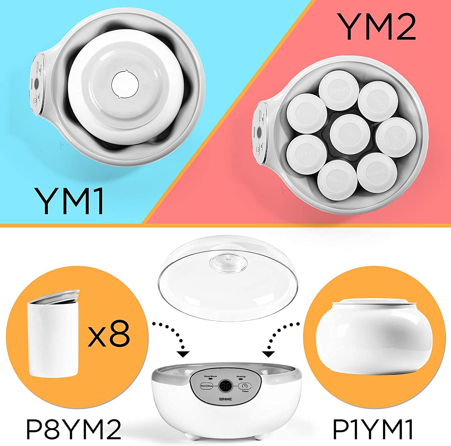Duronic P8YM2 8 Pots en céramique de 125 ml Compatible avec Yaourtières YM1 et YM2 de Duronic Couvercle hermétique P1YM1 Large pot de 1500 ml également disponible