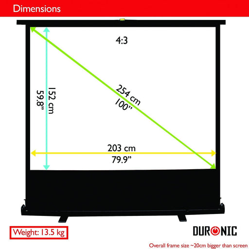 Duronic FPS100 /43 Ecran de Projection à piètement/autoportatif de 100 Pouces 4:3/203 x 152 cm - 4K Full HD 3D