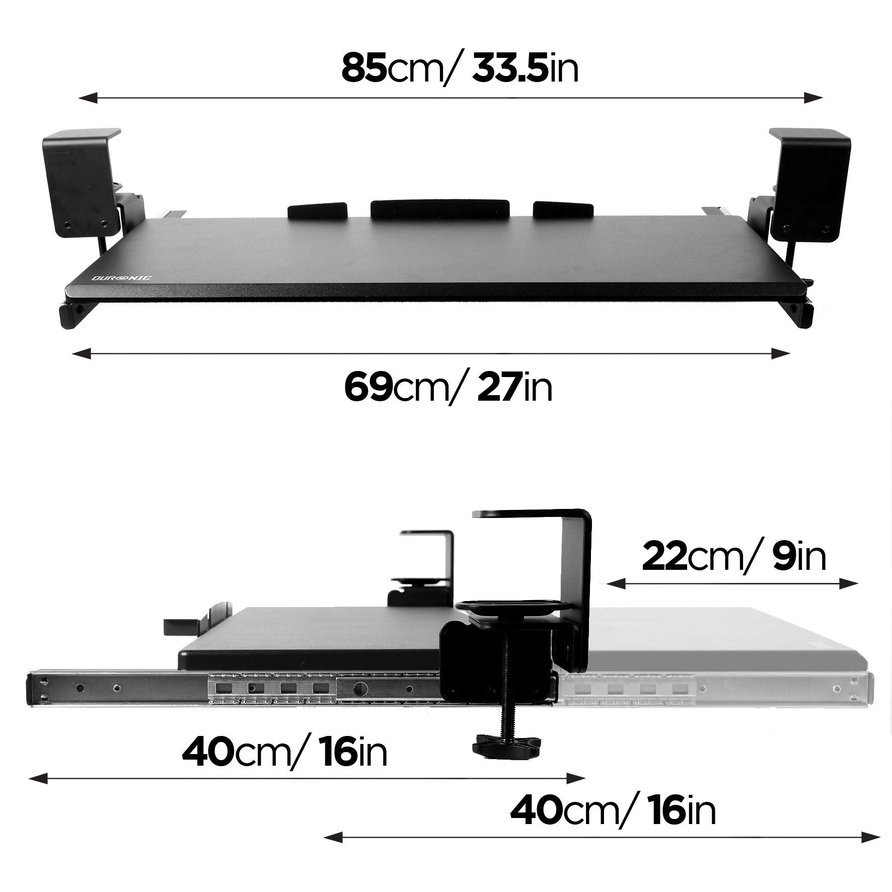 Duronic DKTPX1 Support Coulissant pour Clavier et Souris Ordinateur Portable PC Tablette Documents Tiroir sous la Table Solution Ergonomique pour Le Bureau Fixé avec des Pinces en Acier