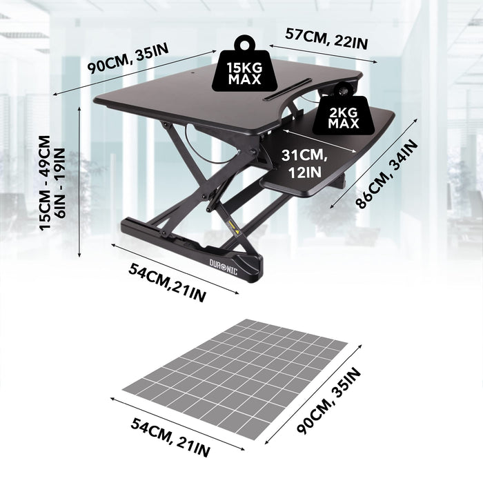 Duronic DM05D23 Poste/Station de Travail Assis Debout pour écran/Clavier/Souris Noir | Manuel | Hauteur Ajustable 15 - 49 cm | 90 x 58 cm | Acier | Espace de Travail Ergonomique