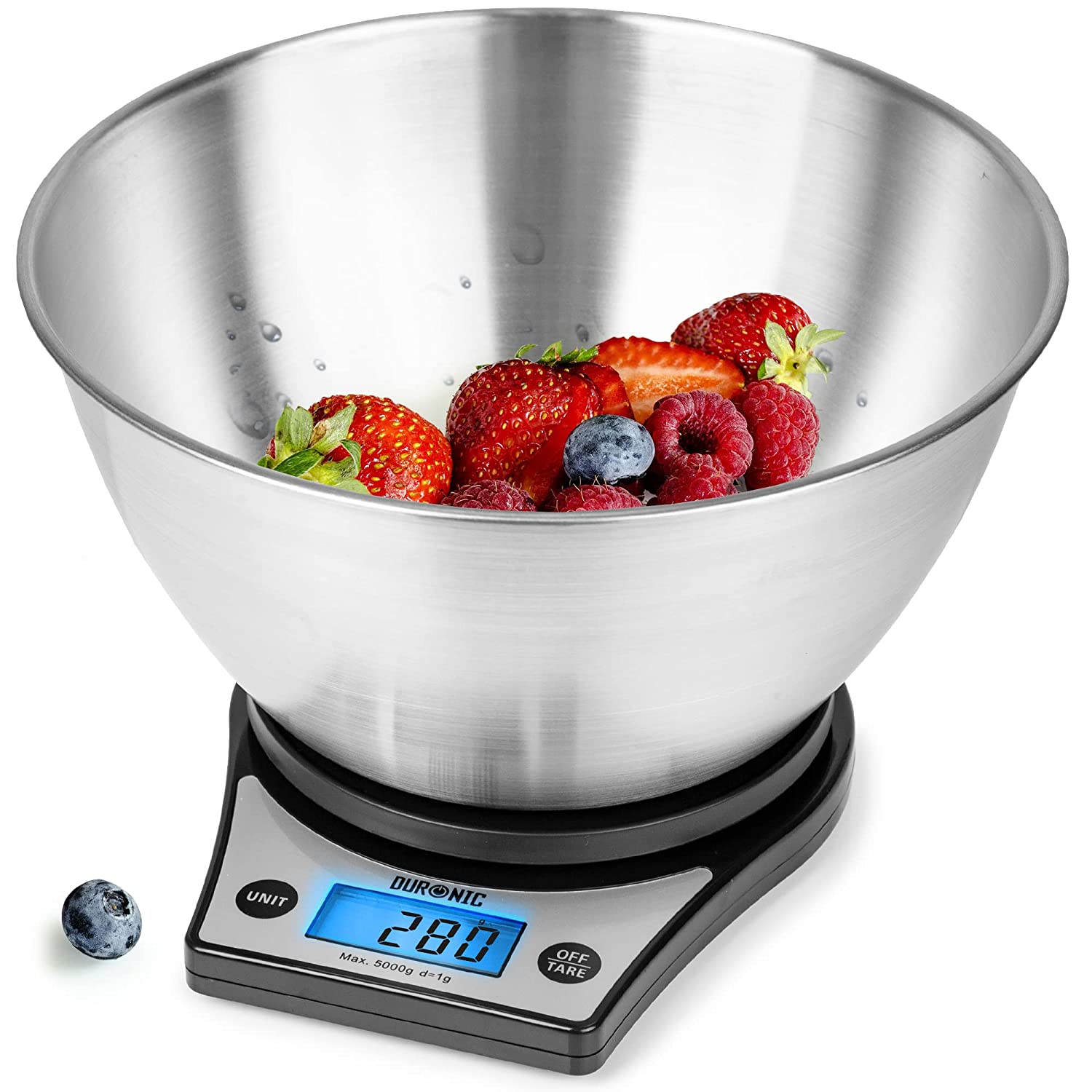 Duronic KS6000 BK/SS Balance de cuisine noire | Capacité de 5 kg | Large écran rétroéclairé | Bol en inox de 2,5 L inclus | Fonction d’ajout de poids | Précision à 1 g | Idéale pour la pâtisserie