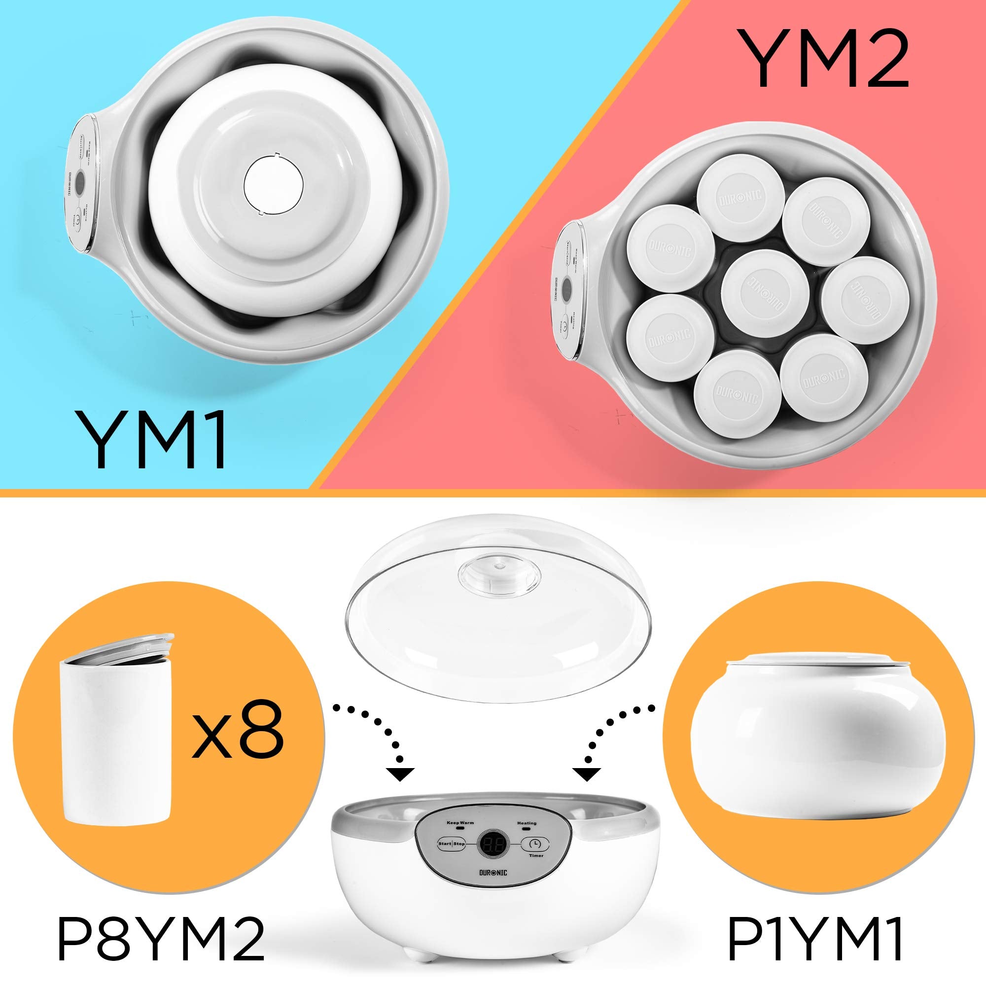 Duronic YM2 Yaourtière électrique programmable 8 pots de 125 ml Machine à yaourt avec Thermostat et Pots en Céramique Préparer des yaourts et desserts faits-maison