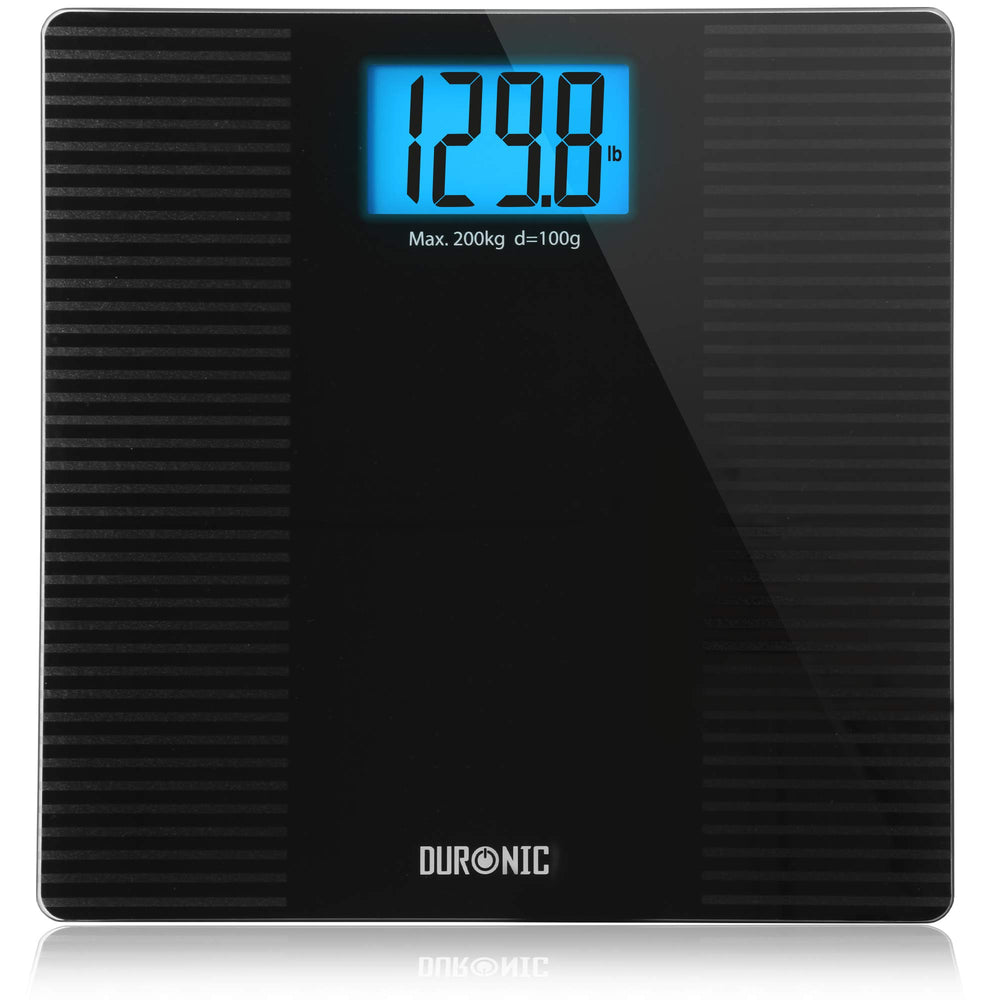 Duronic BS203 Balance Corporelle / Pèse Personne | Capacité élevée de 200kg | Ecran LCD éclairé lisible | Verre noir | Finition antichute | Mesure en kilogrammes | Automatique | Surveillez votre poids
