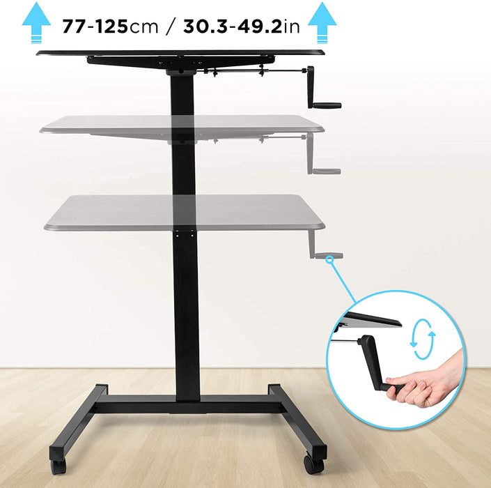 Duronic WPS47 Table de travail mobile assis-debout | Support à roulettes | Grande surface 80 x 50 cm pour PC ou vidéo projecteur | Hauteur ajustable avec une manivelle 77 – 122 cm | Capacité 30 kg