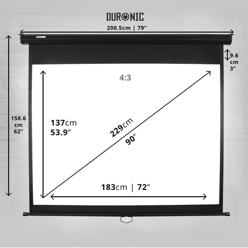 Duronic MPS90 4/3 Ecran de Projection à déroulement Manuel 90 Pouces 4:3/183 x 137 cm - Fixation Mur ou Plafond - 4K Full HD 3D