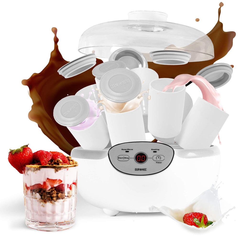 Duronic YM2 Yaourtière électrique programmable 8 pots de 125 ml | Machine à yaourt avec Thermostat et Pots en Céramique | Préparer des yaourts et desserts faits-maison