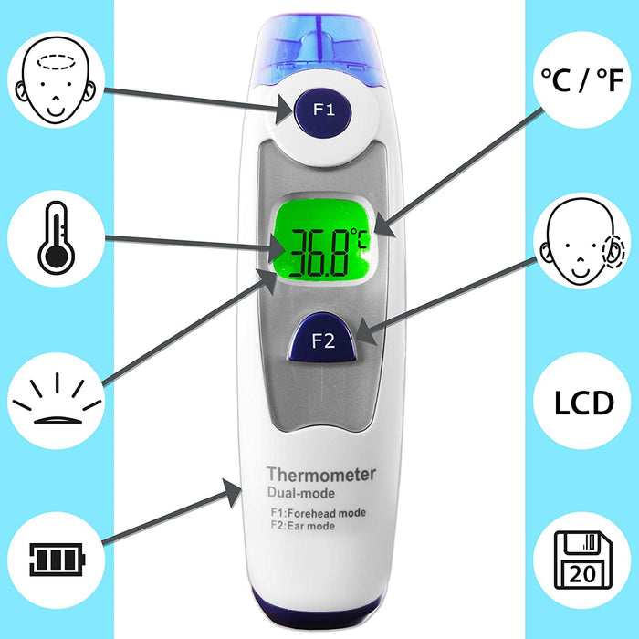 Duronic IRT1000 Thermomètre infrarouge 2 en 1 | Température par l’oreille et le front | Convient aux adultes et enfants | Mesure sans contact | Fonction de mémorisation | Socle de rangement | Précis