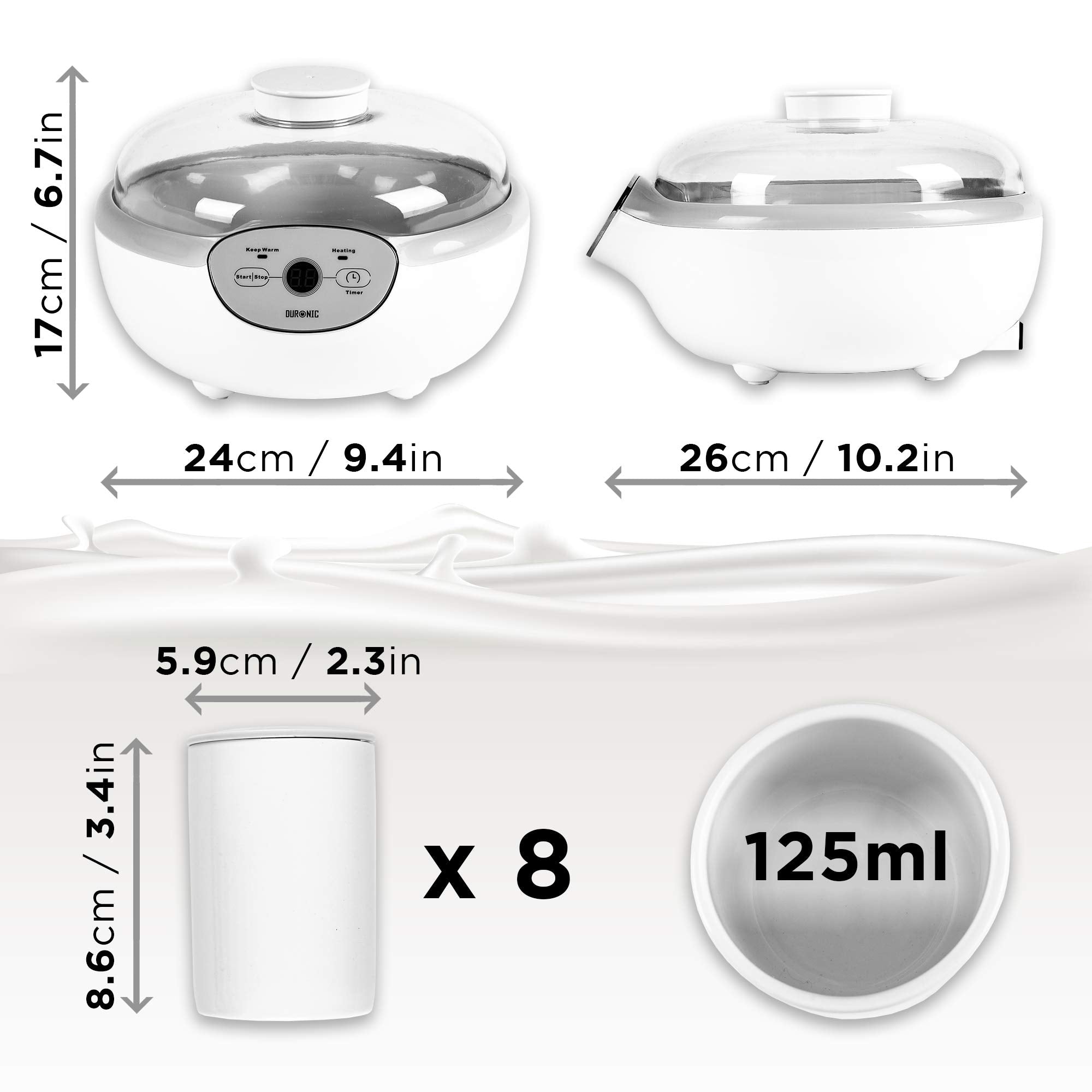 Duronic YM2 Yaourtière électrique programmable 8 pots de 125 ml Machine à yaourt avec Thermostat et Pots en Céramique Préparer des yaourts et desserts faits-maison