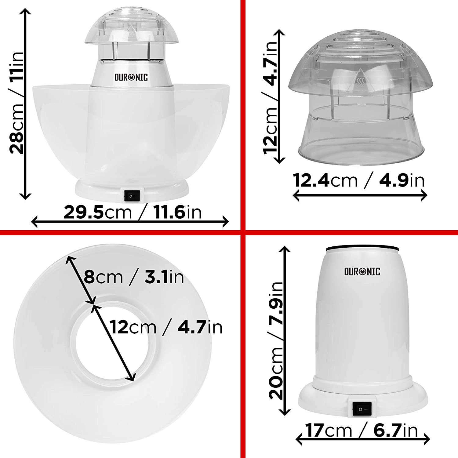 Duronic POP50 WE Appareil à Popcorn - Capacité de 50 g avec bol démontable - Cuisson électrique à air chaud de maïs soufflé sans huile - Faible en calories