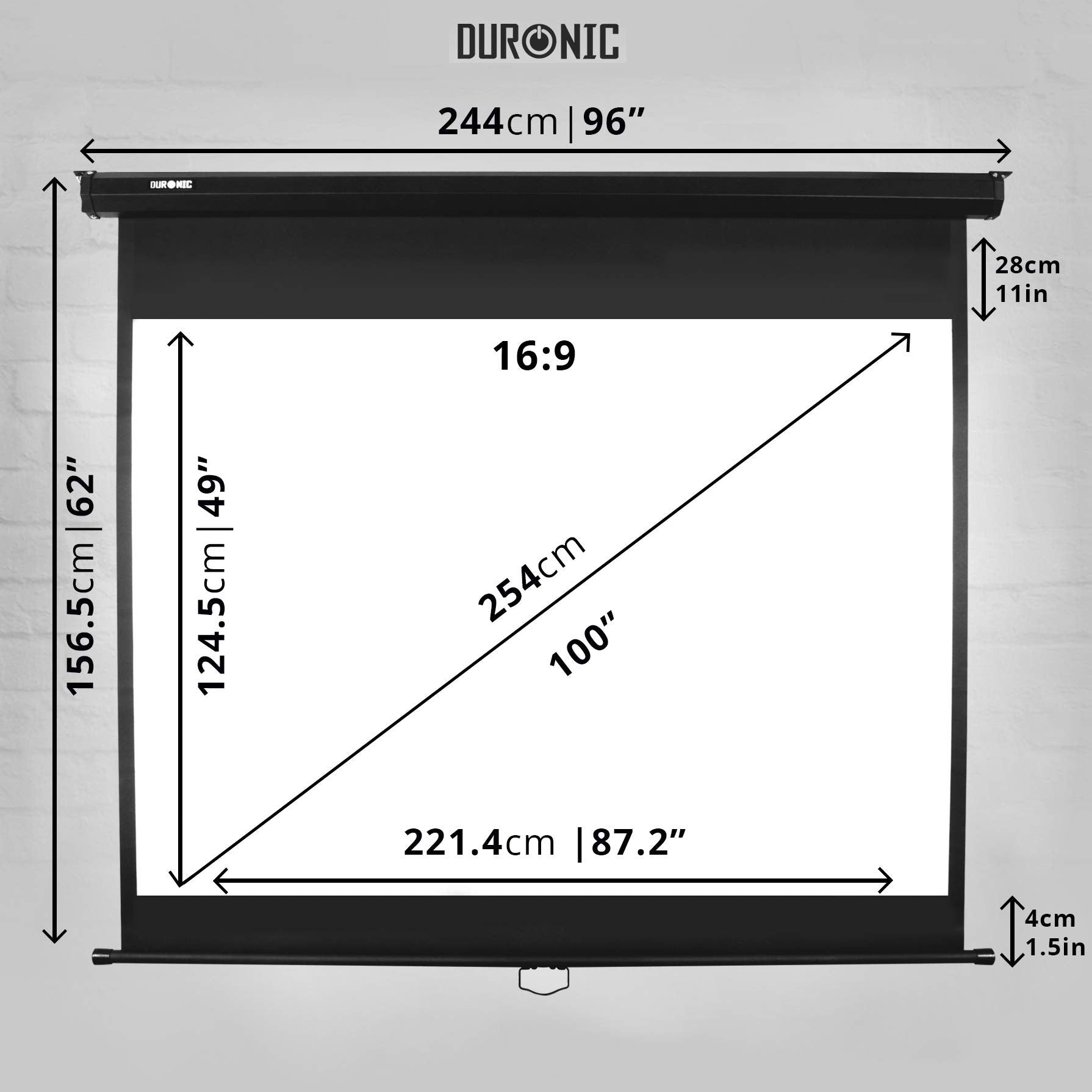 Duronic MPS100 16/9 BK Ecran de Projection à déroulement Manuel 100 Pouces 16:9/221 x 125 cm - Fixation Mur ou Plafond - 4K Full HD 3D