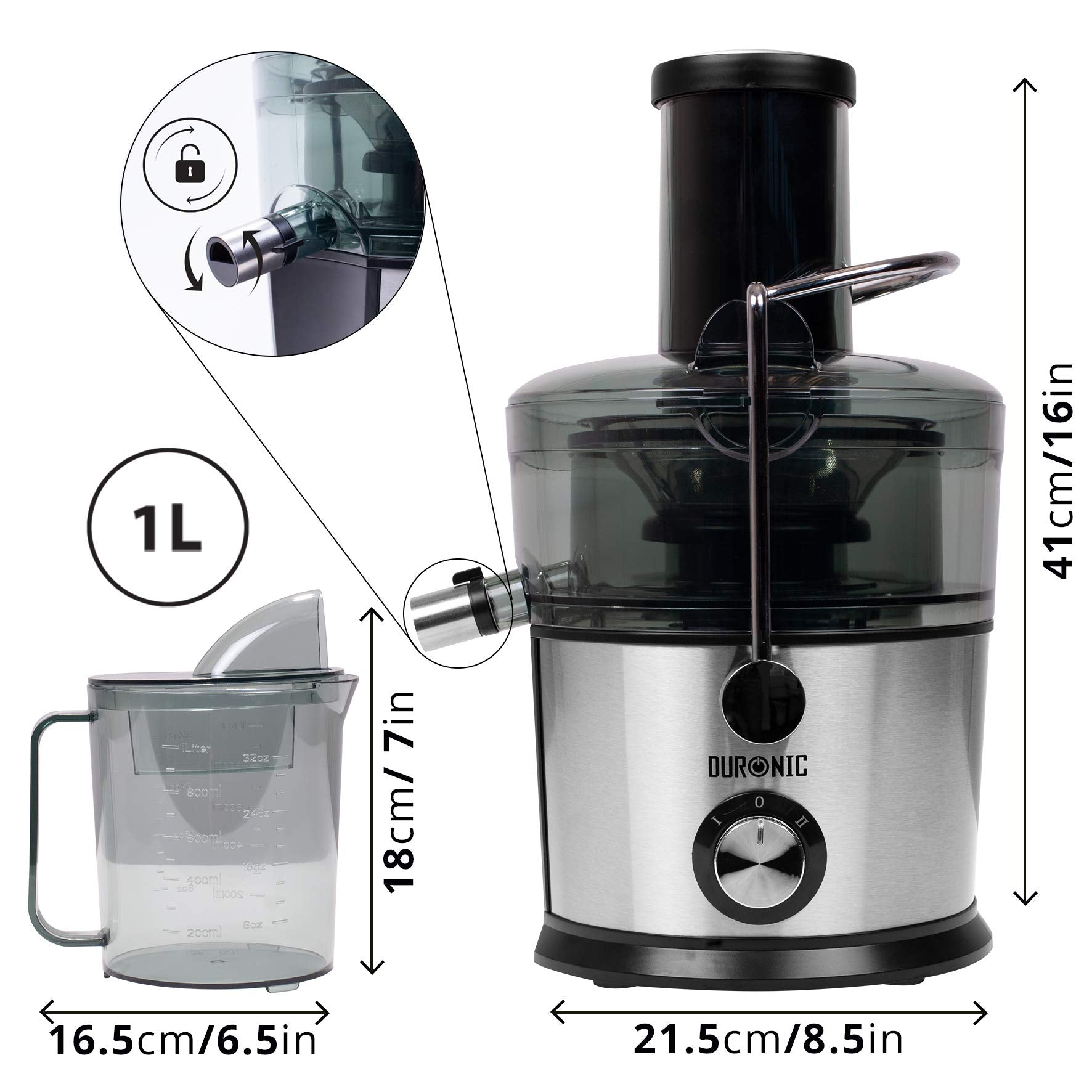 Duronic JE7C Centrifugeuse à jus de 800W pour fruits et légumes entiers - Large ouverture de 85 mm - Bec verseur anti-gouttes - Préparez vos jus fait-maison sans additifs, colorants ou sucre ajouté