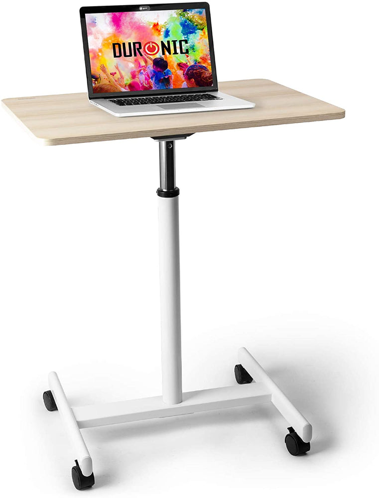 Duronic WPS67 Table de travail mobile assis-debout | Support à roulettes | Blanc – brun | Grande surface 70 x 48 cm pour PC ou vidéo projecteur | Hauteur ajustable 70,5 – 110 cm | Capacité 10 kg