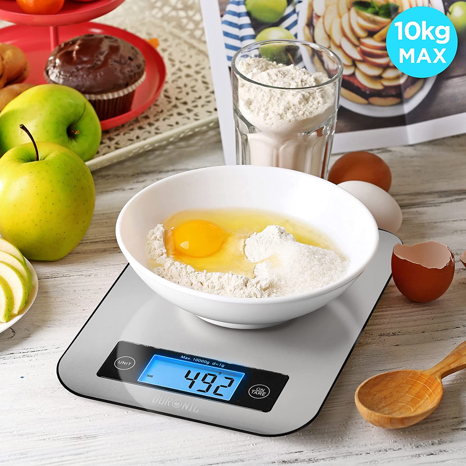 Duronic KS1007 Balance de cuisine | Capacité de 10 kg | Large écran rétroéclairé | 2 touches | Fonction d’ajout de poids | Précision à 1 g
