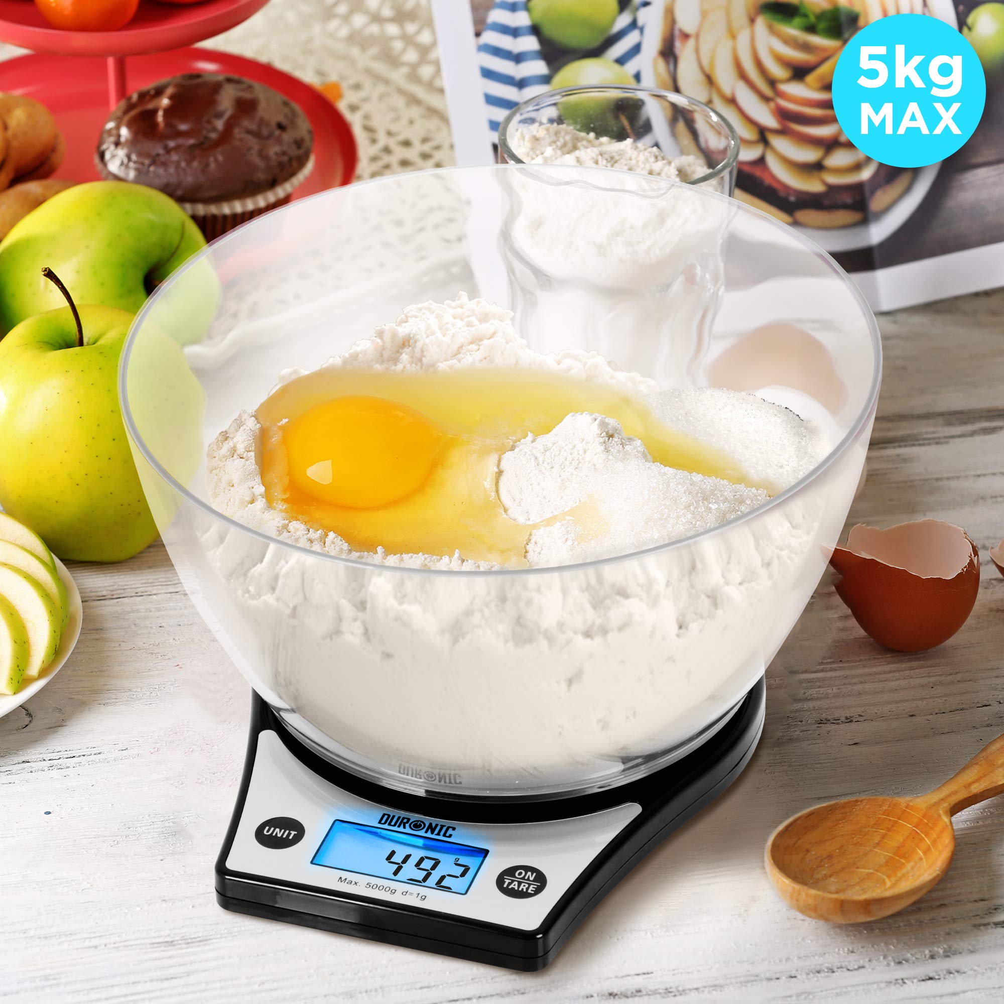 Duronic KS6000 BK Balance de cuisine noire – Capacité de 5 kg – Large écran rétroéclairé – Bol de 2 L inclus – Fonction d'ajout de poids – Précision à 1 g – Idéale pour la pâtisserie ou comme balance postale