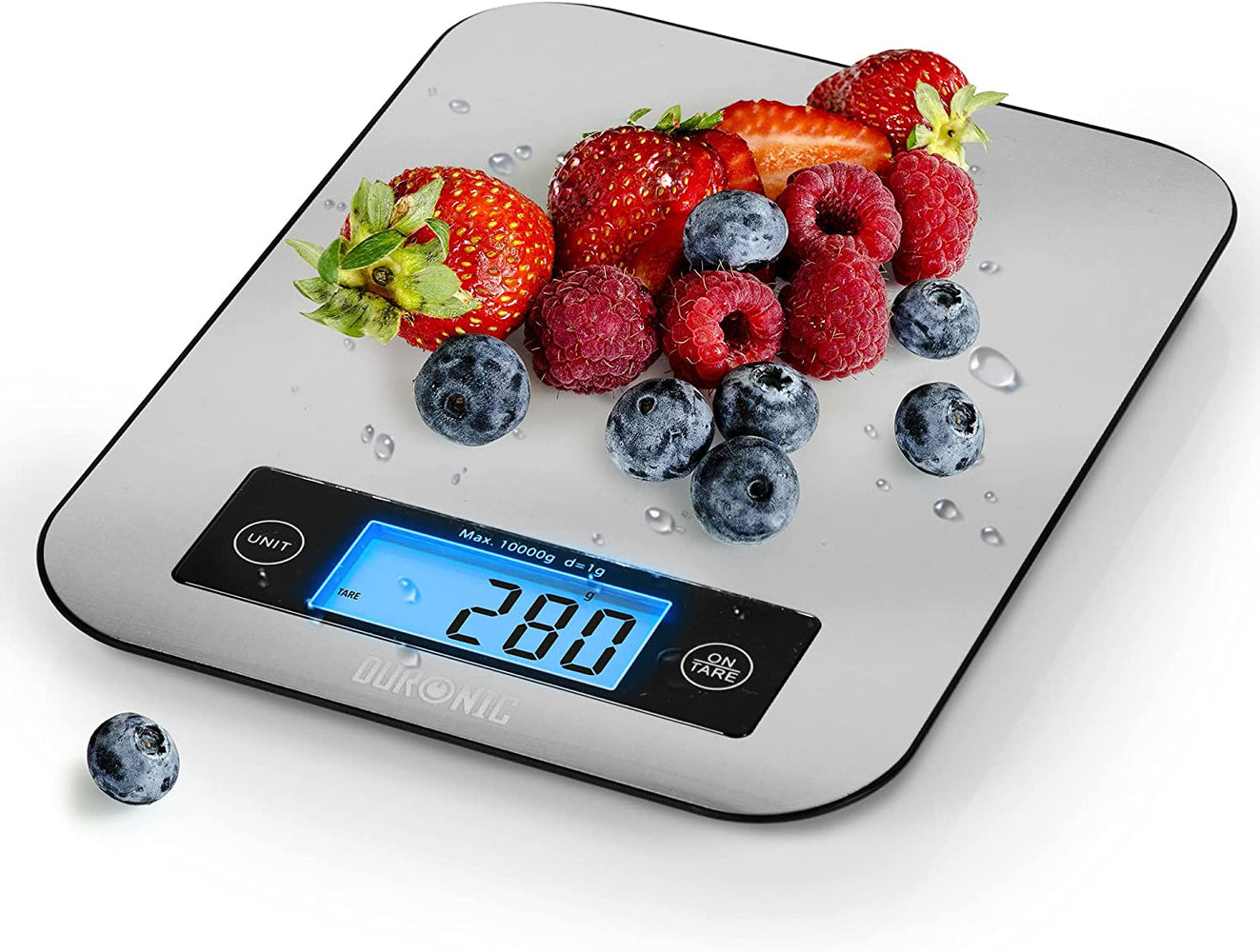 Duronic KS1007 Balance de cuisine | Capacité de 10 kg | Large écran rétroéclairé | 2 touches | Fonction d’ajout de poids | Précision à 1 g