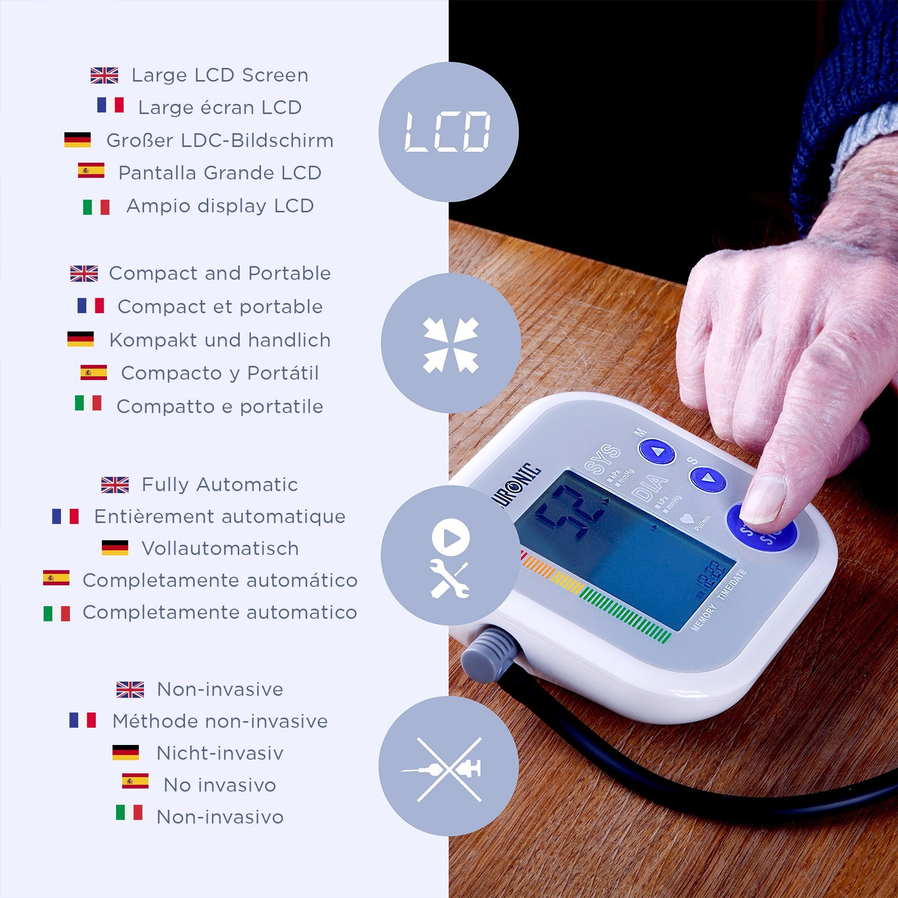 Duronic BPM080 Tensiomètre électronique pour bras avec brassard ajustable 22-42 cm - Mesure automatique de la tension artérielle - Certifié Médicalement - Large écran LCD