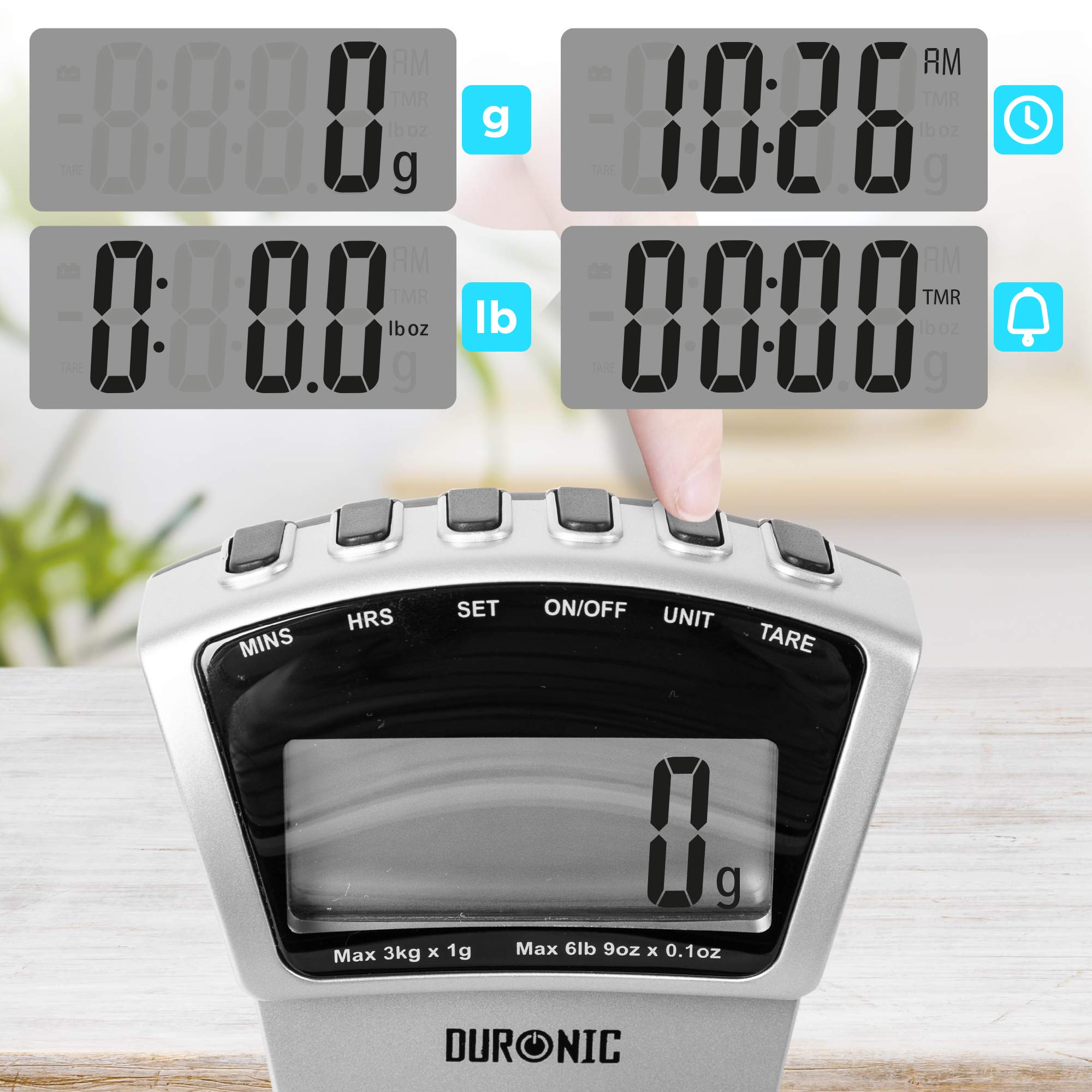 Duronic KS4000 Balance de cuisine argentée | Capacité de 3 kg | Fixations murales | Minuterie | Large écran numérique | Fonction d'ajout de poids | Idéale pour la pâtisserie ou comme balance postale