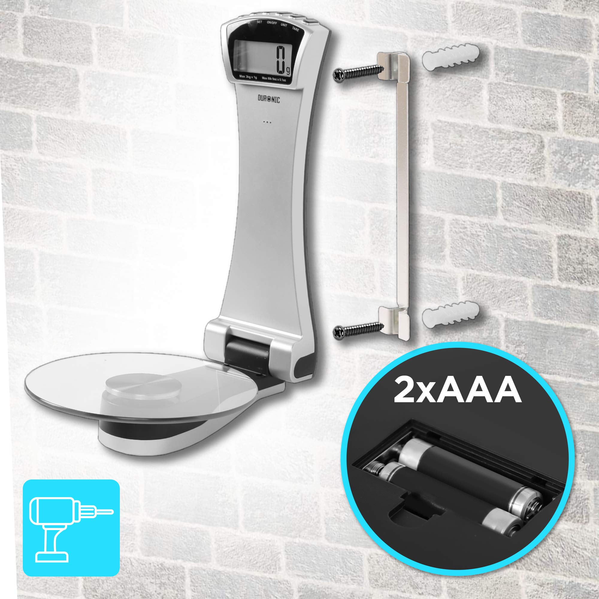 Duronic KS4000 Balance de cuisine argentée | Capacité de 3 kg | Fixations murales | Minuterie | Large écran numérique | Fonction d'ajout de poids | Idéale pour la pâtisserie ou comme balance postale