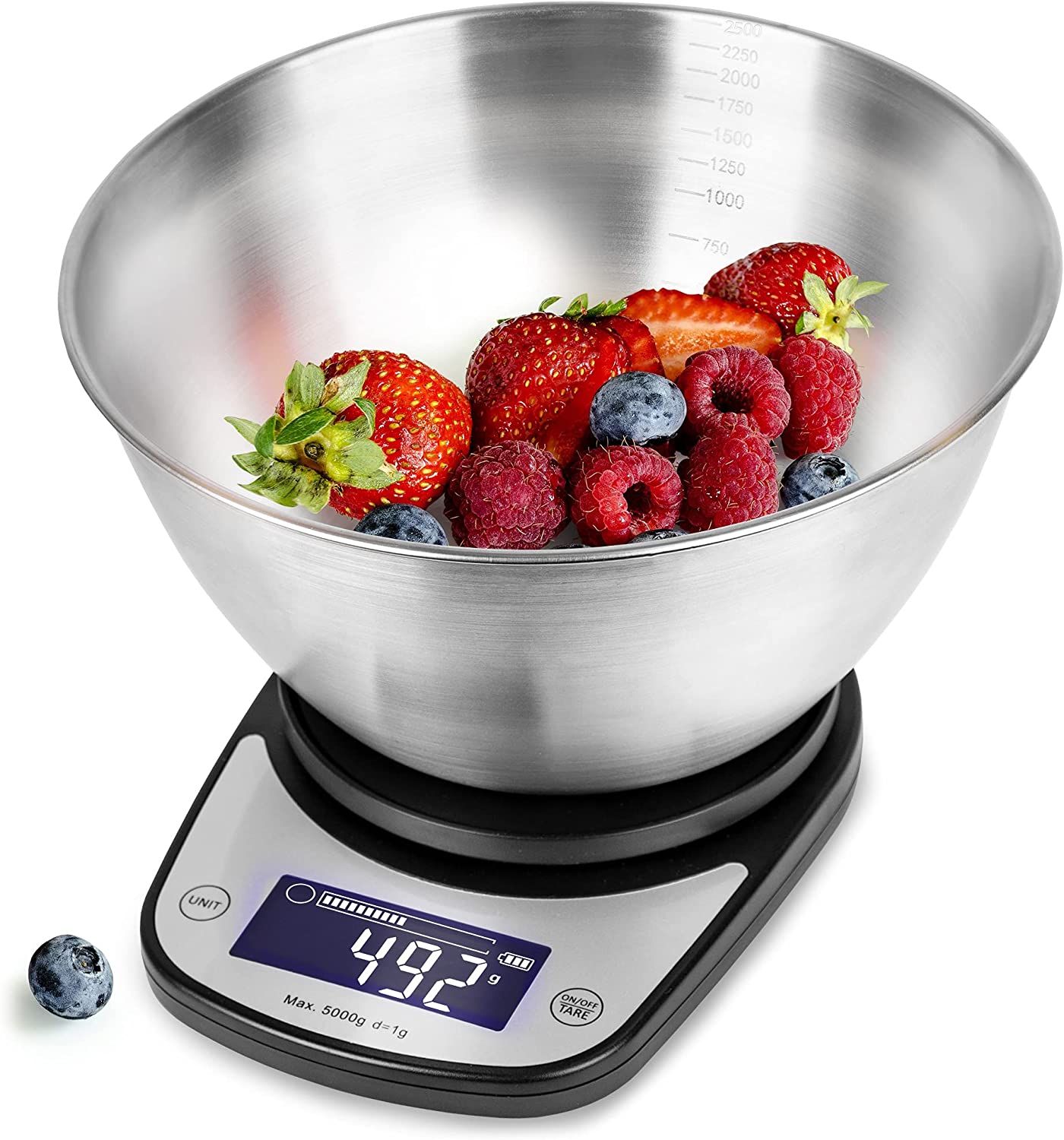 Duronic KS5000 BKSS Balance de Cuisine d'une capacité de 5 kg | Précision à 1 g | Bol en inox de 2.5 L inclus | Large écran LCD | Fonction d'ajout de poids TARE | Idéale pour la pâtisserie
