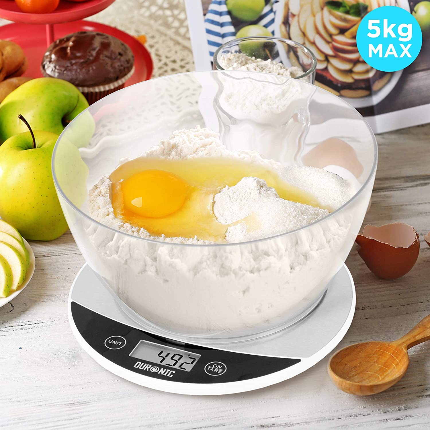 Duronic KS3000 Balance de cuisine | Capacité de 5 kg | Bol de 2L inclus | Affichage digital | Fonction d’ajout de poids | Précision à 1g