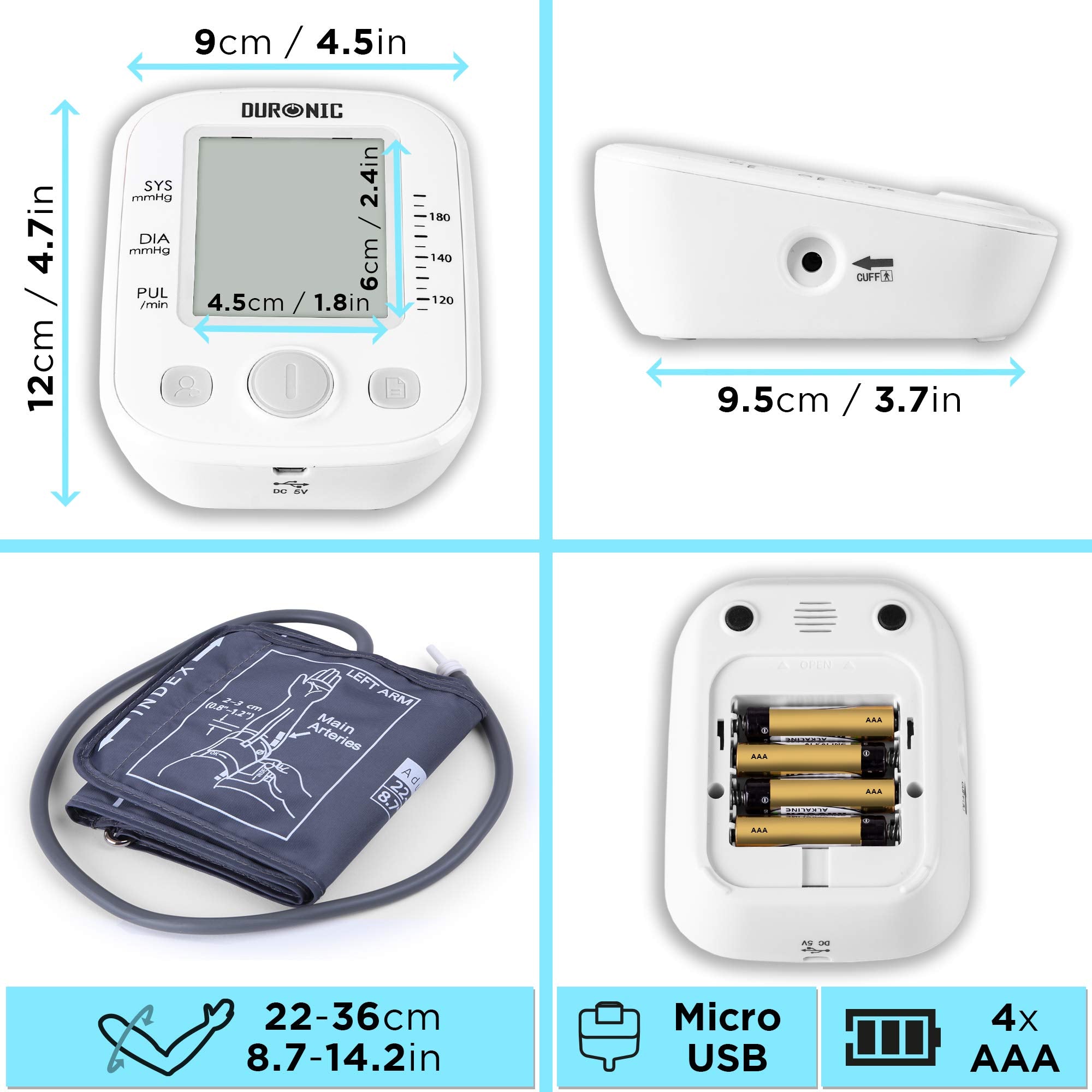 Duronic BPM200 Tensiomètre Electronique pour Bras – Mesure Automatique de la Tension Artérielle – Détecte les Irrégularités Cardiaques – Large Ecran LCD pour lire les Mesures – Jusqu'à 99 Sauvegardes