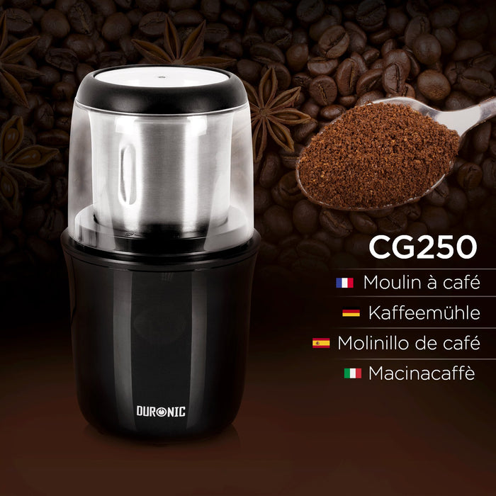Duronic CG250 Moulin à café électrique de 250W | Meule de 75 g | 8 à 12 tasses | Lames en acier inoxydable | Pour un cappuccino, latte, expresso, café serré savoureux | Broyeur pour grains de café