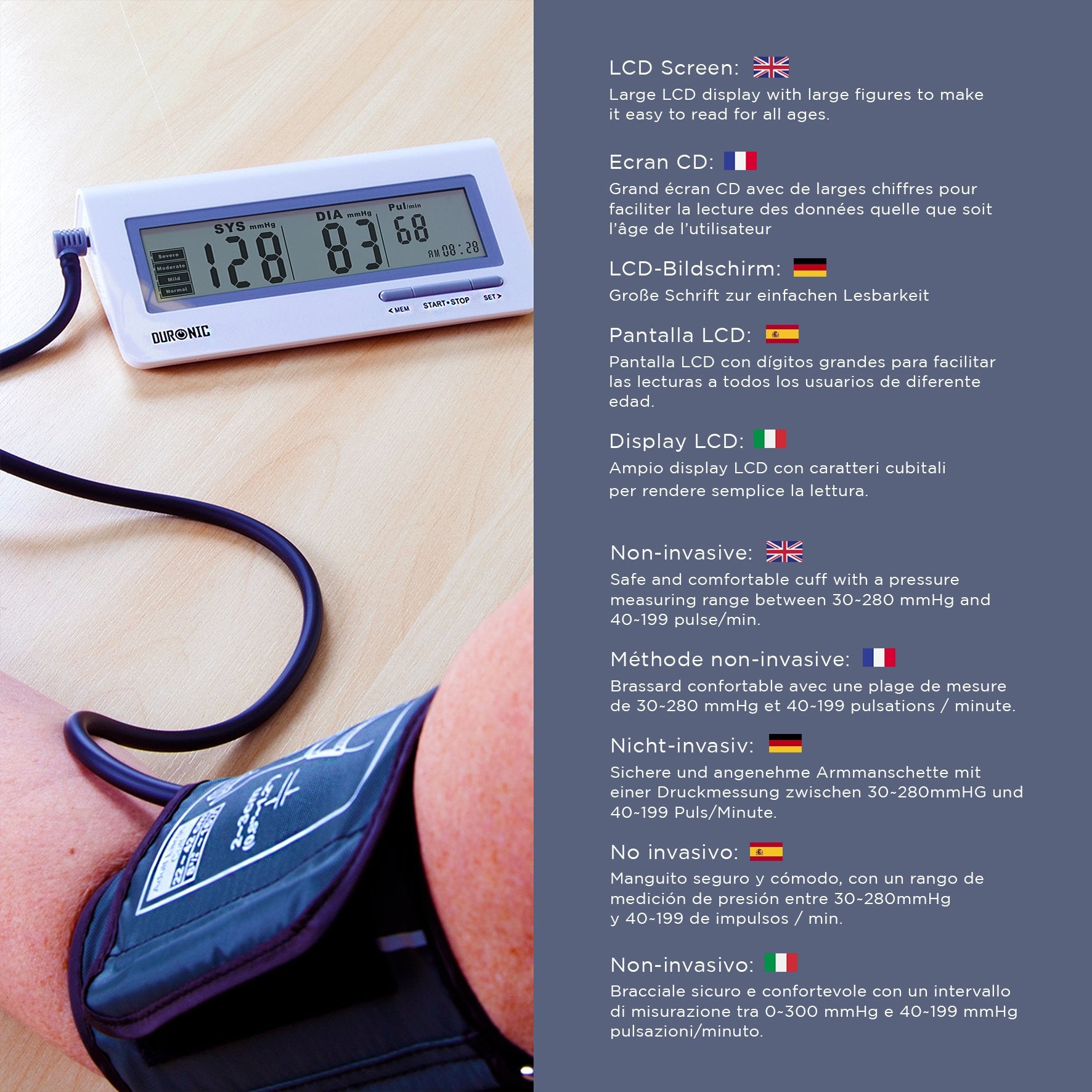 Duronic BPM400 Tensiomètre électronique pour bras avec brassard ajustable 22-42 cm - Mesure automatique de la tension artérielle - Certifié Médicalement - Large écran LCD