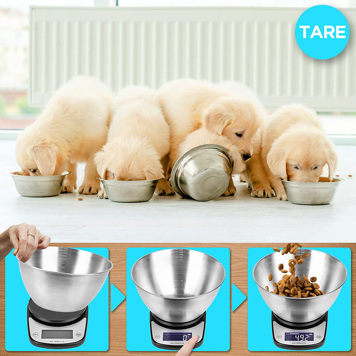 Duronic KS5000 BKSS Balance de Cuisine d'une capacité de 5 kg | Précision à 1 g | Bol en inox de 2.5 L inclus | Large écran LCD | Fonction d'ajout de poids TARE | Idéale pour la pâtisserie