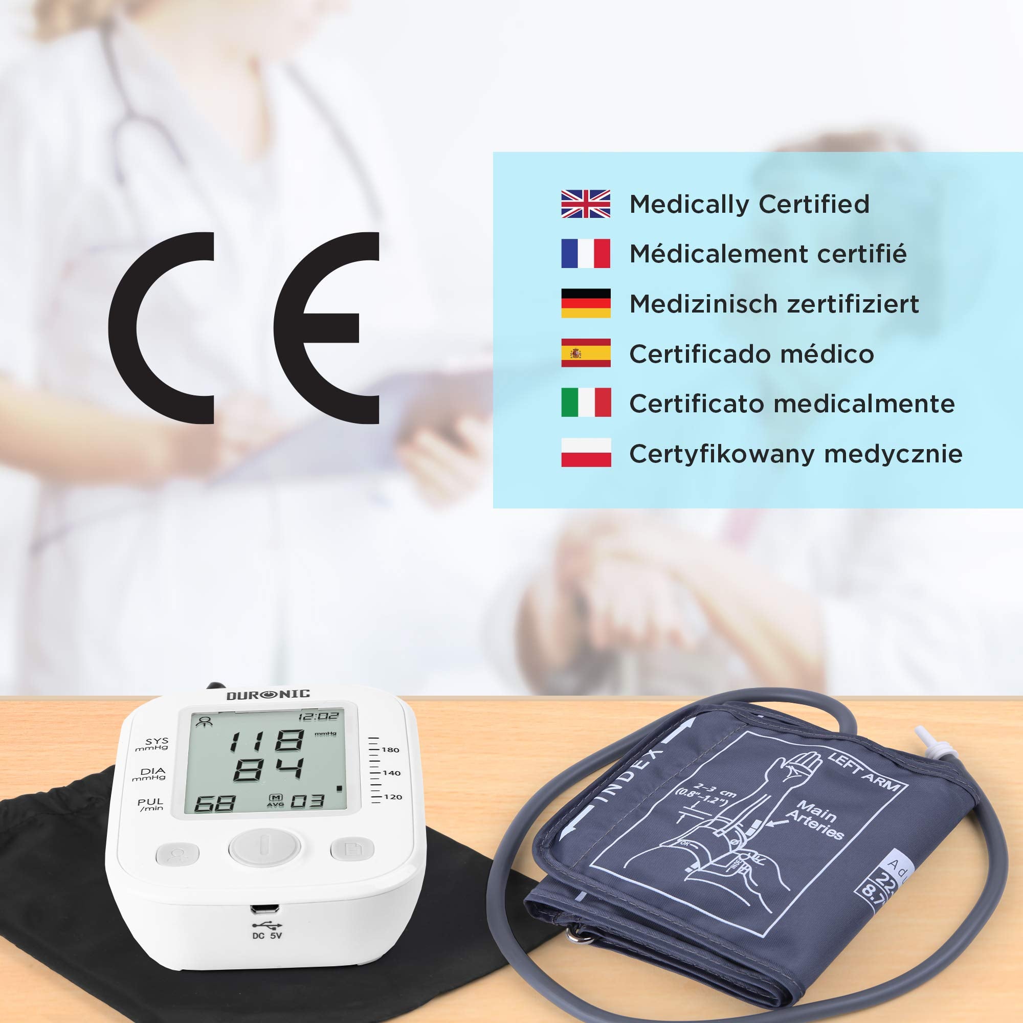 Duronic BPM200 Tensiomètre Electronique pour Bras – Mesure Automatique de la Tension Artérielle – Détecte les Irrégularités Cardiaques – Large Ecran LCD pour lire les Mesures – Jusqu'à 99 Sauvegardes