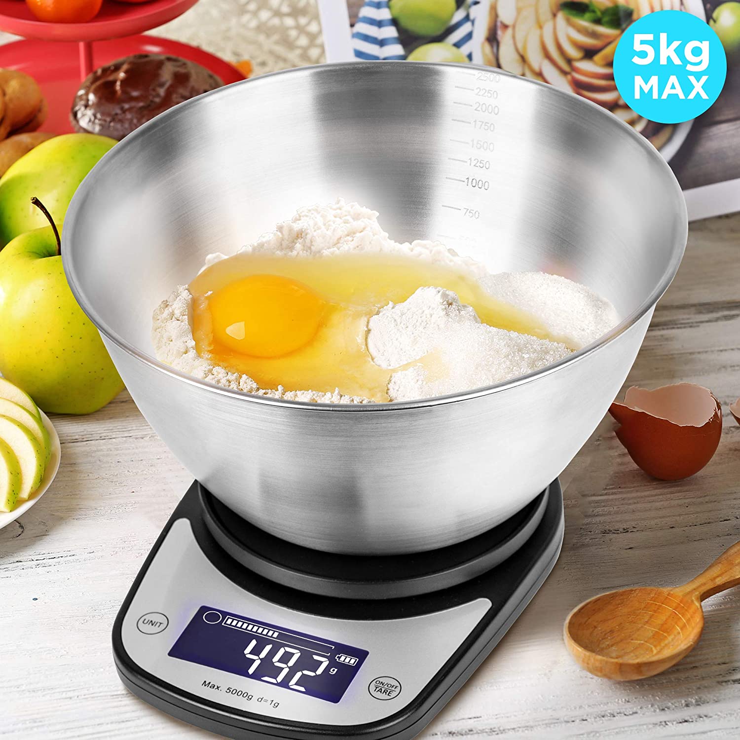 Duronic KS5000 BKSS Balance de Cuisine d'une capacité de 5 kg | Précision à 1 g | Bol en inox de 2.5 L inclus | Large écran LCD | Fonction d'ajout de poids TARE | Idéale pour la pâtisserie