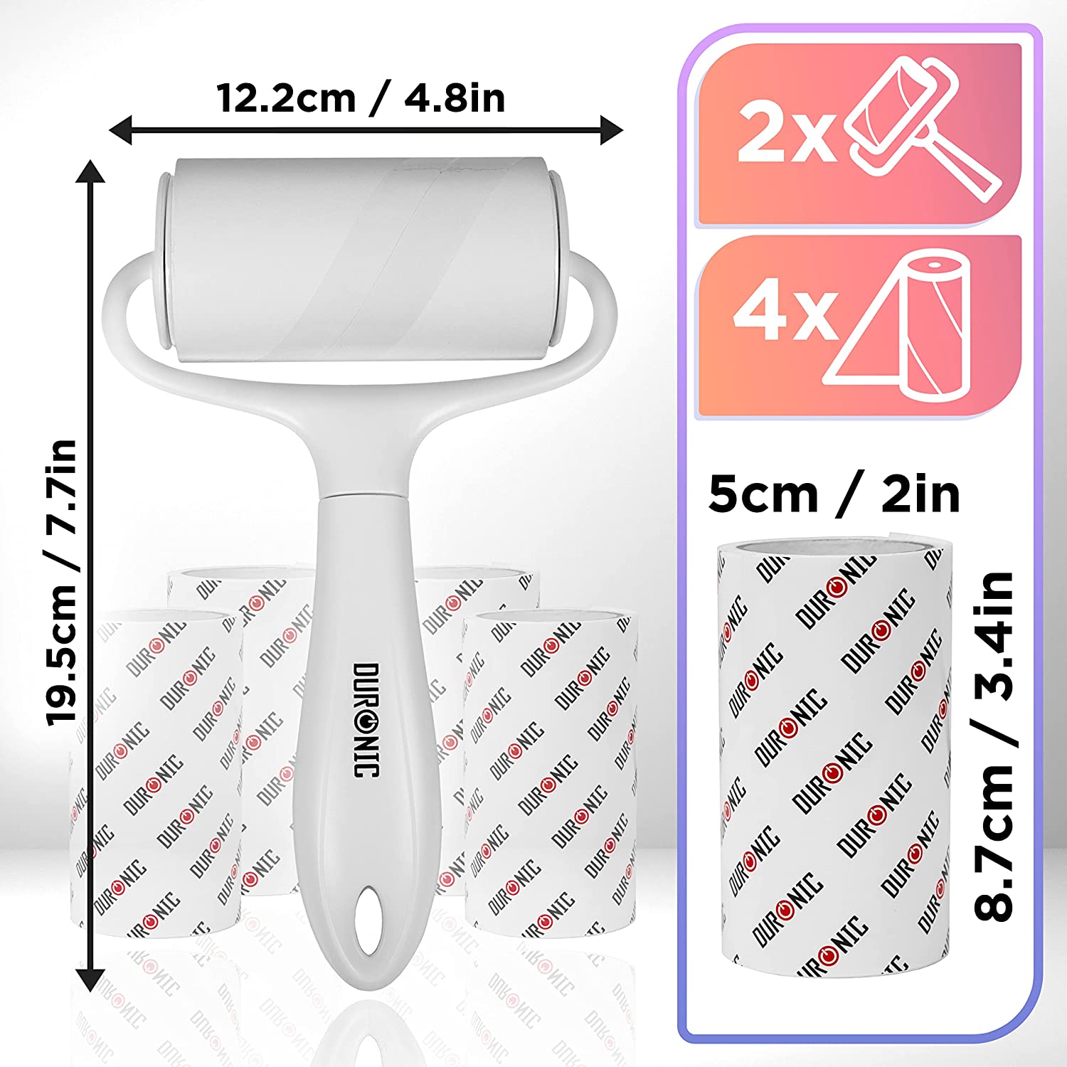 Duronic ROLL2X4 Set de 2 Rouleaux ramasse poils avec 4 Recharges de Bandes adhésives | Anti peluches | Pour les Vêtements Poils d'Animaux Tissus d'Ameublement