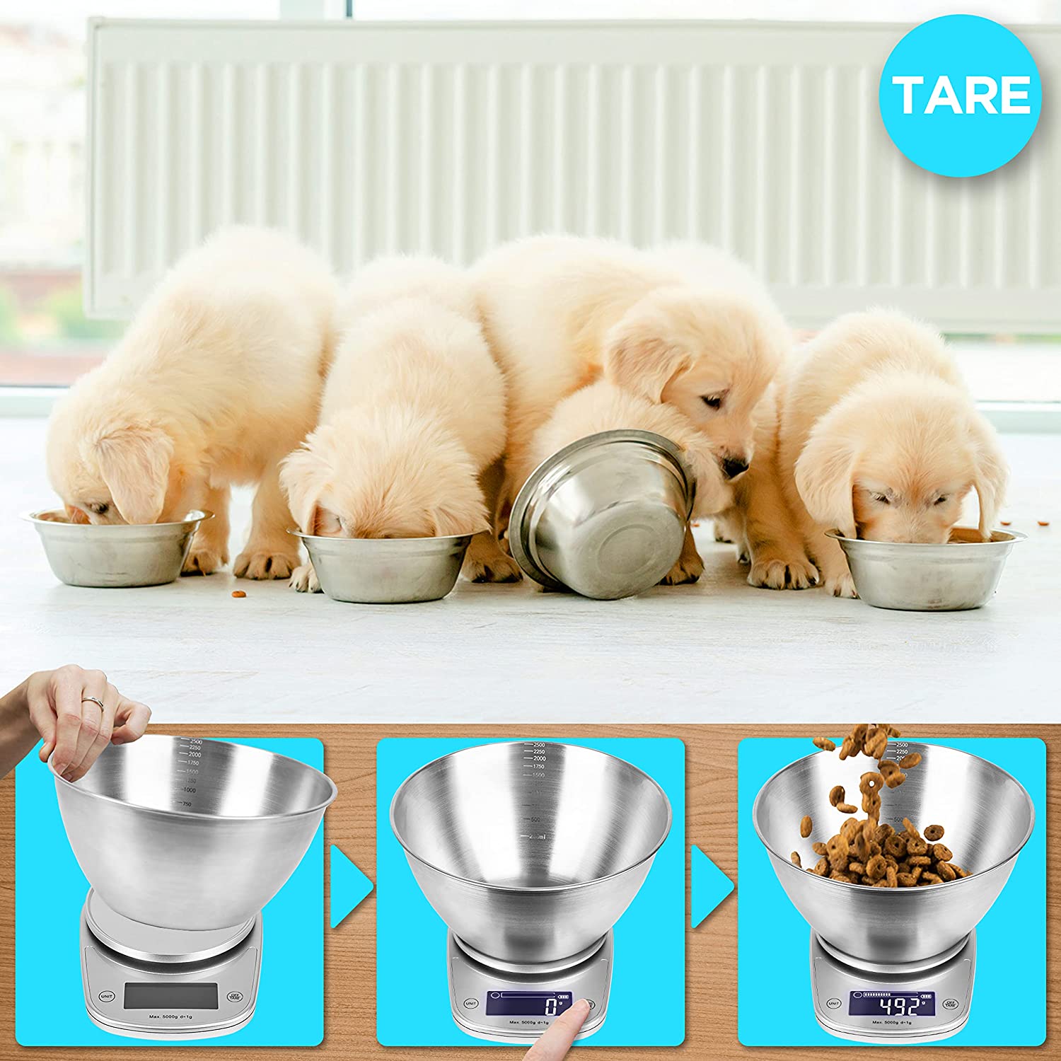 Duronic KS5000 SRSS Balance de Cuisine d'une capacité de 5 kg | Précision à 1 g | Bol en inox de 2.5 L inclus | Large écran LCD | Fonction d'ajout de poids TARE | Idéale pour la pâtisserie