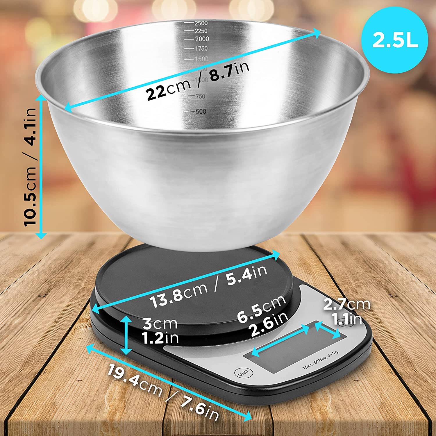 Duronic KS5000 BKSS Balance de Cuisine d'une capacité de 5 kg | Précision à 1 g | Bol en inox de 2.5 L inclus | Large écran LCD | Fonction d'ajout de poids TARE | Idéale pour la pâtisserie