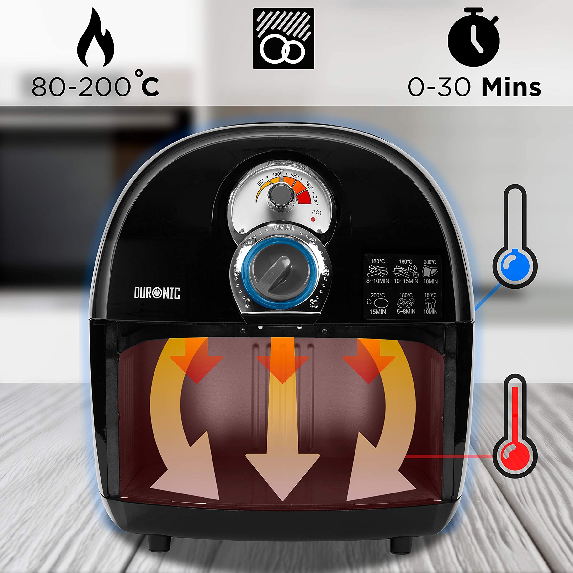 Duronic AF1 BK Friteuse à air chaud sans huile 1500W / robot multicuiseur pour frire, cuire, rôtir, griller sainement et sans matières grasses