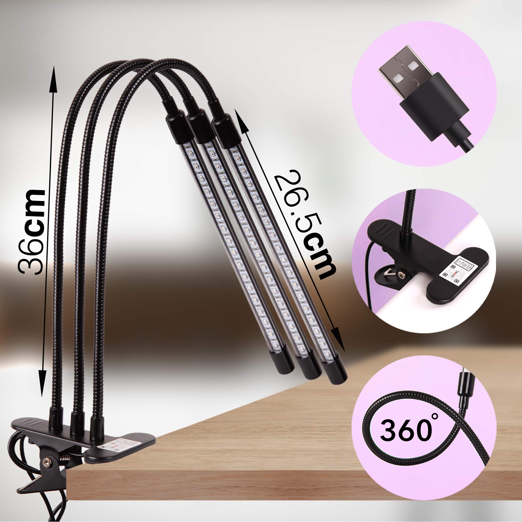 Duronic GLC36 Lampe de croissance horticole triple à pince 60W | Ampoules LED | 3 modes : bleu, rouge, mixte | Intensité ajustable | Prise USB | Lumière de culture pour plante fruit légume fleur herbe