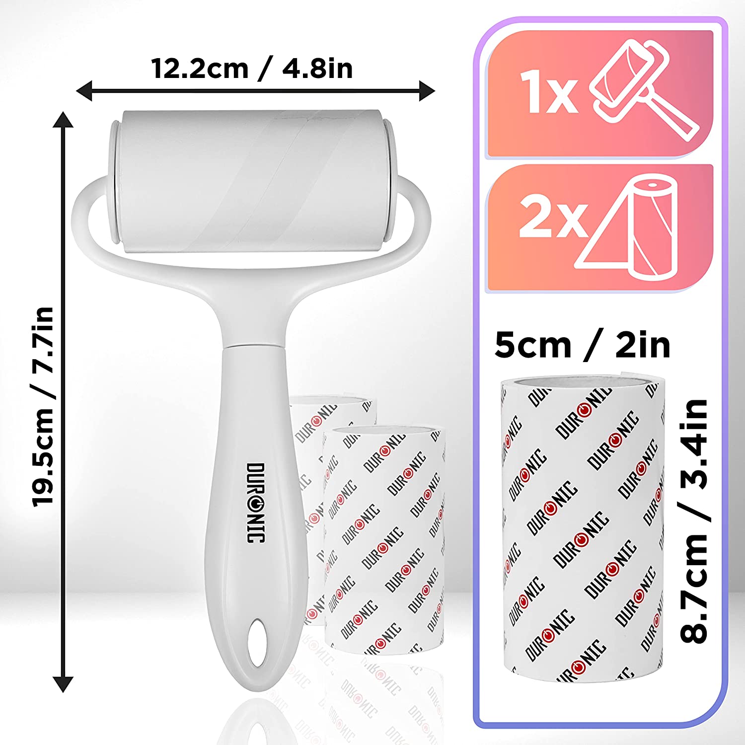 Duronic ROLL1X2 Rouleau ramasse poils avec 2 Recharges de Bandes adhésives | Anti peluches | Pour les Vêtements Poils d'Animaux Tissus d'Ameublement