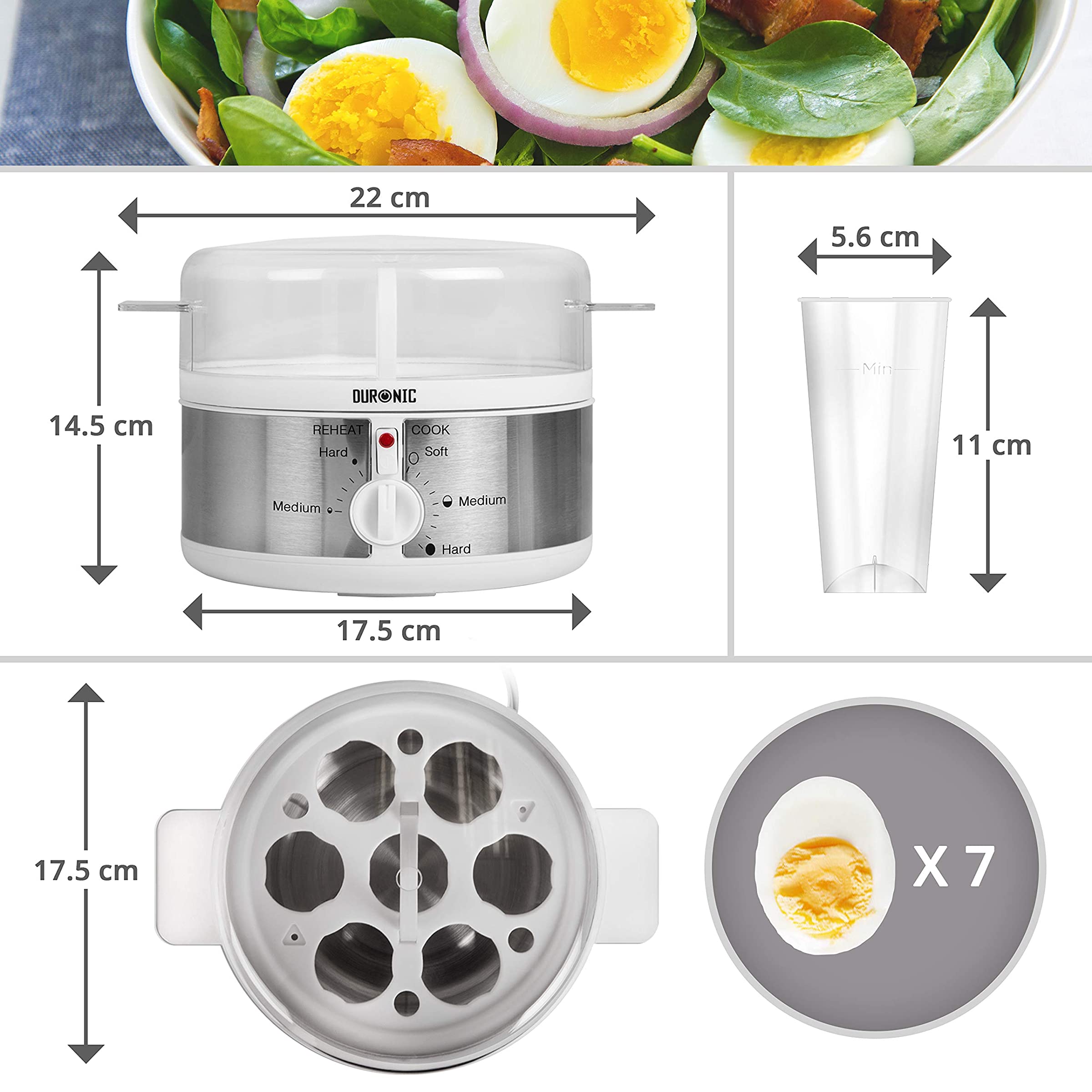 Duronic EB35 WE Cuiseur à oeufs De 1 à 7 oeufs Thermostat et minuteur pour obtenir oeufs durs ou mollets ou à la coque avec fonction dédiée pour préparer deux types de cuisson