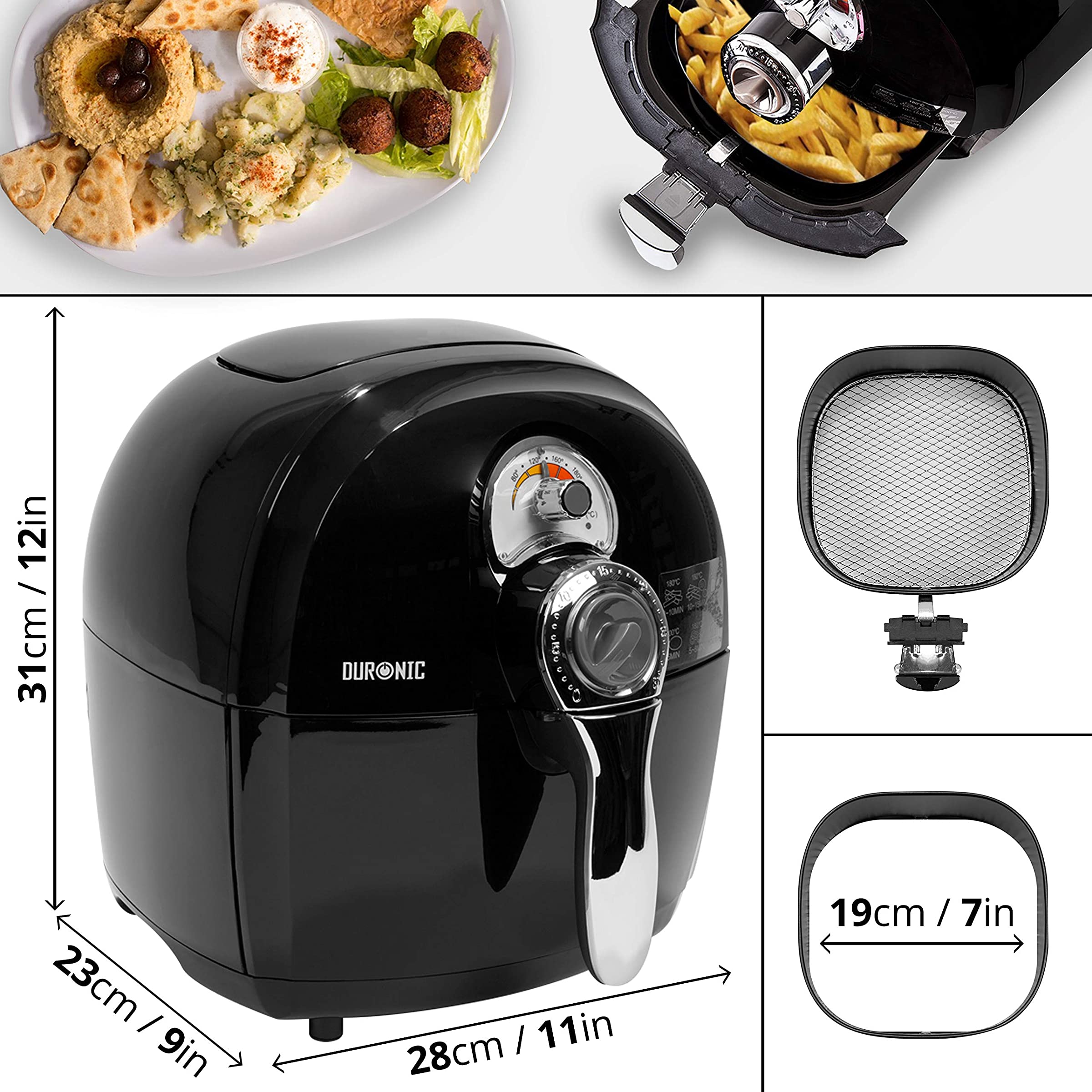 Duronic AF1 BK Friteuse à air chaud sans huile 1500W / robot multicuiseur pour frire, cuire, rôtir, griller sainement et sans matières grasses