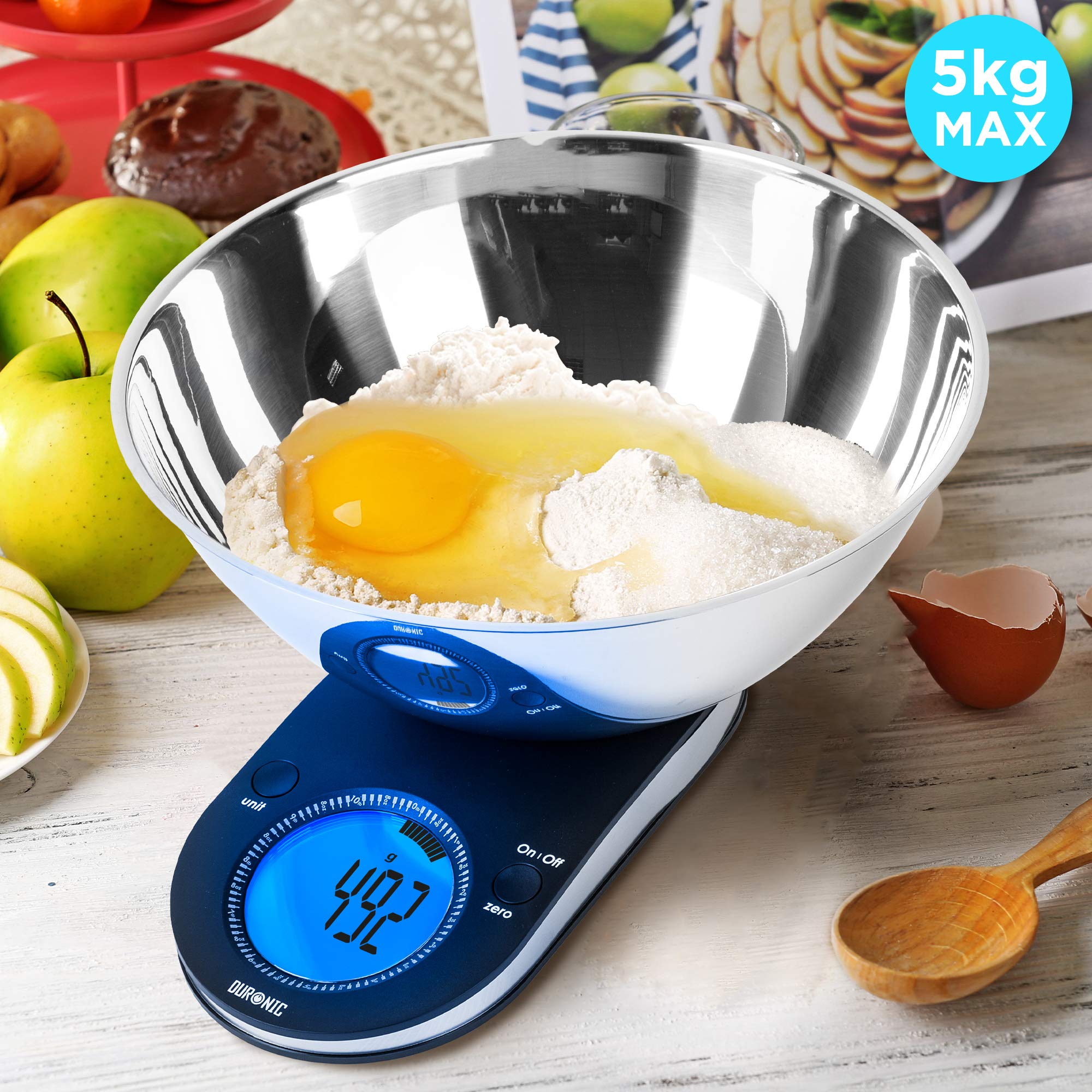 Duronic KS5000 Balance de cuisine | Capacité de 5 kg | Bol de 3 L inclus | Large écran rétroéclairé | Fonction d'ajout de poids | Précision à 1 g | Idéale pour la pâtisserie ou comme balance postale
