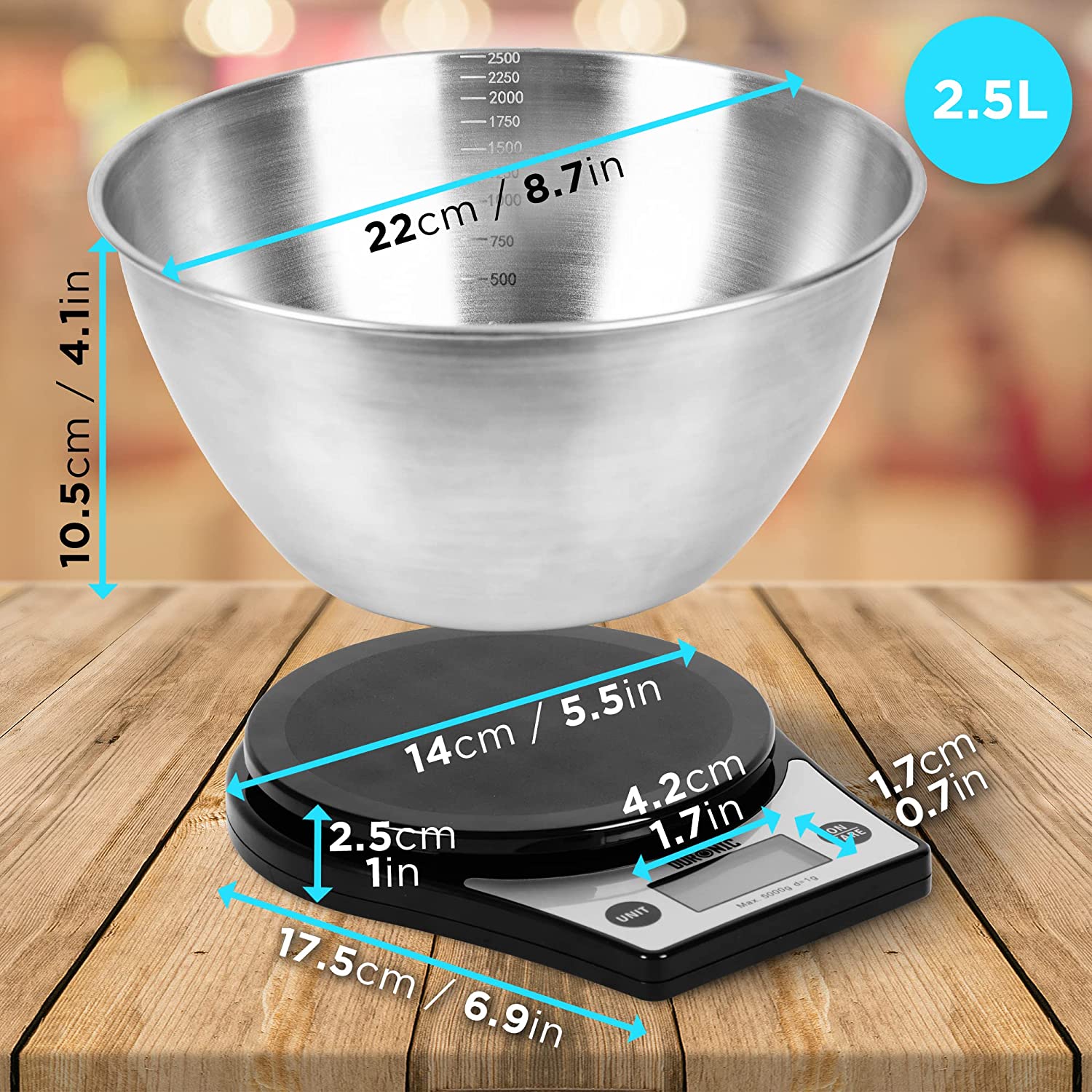 Duronic KS6000 BK/SS Balance de cuisine noire | Capacité de 5 kg | Large écran rétroéclairé | Bol en inox de 2,5 L inclus | Fonction d’ajout de poids | Précision à 1 g | Idéale pour la pâtisserie