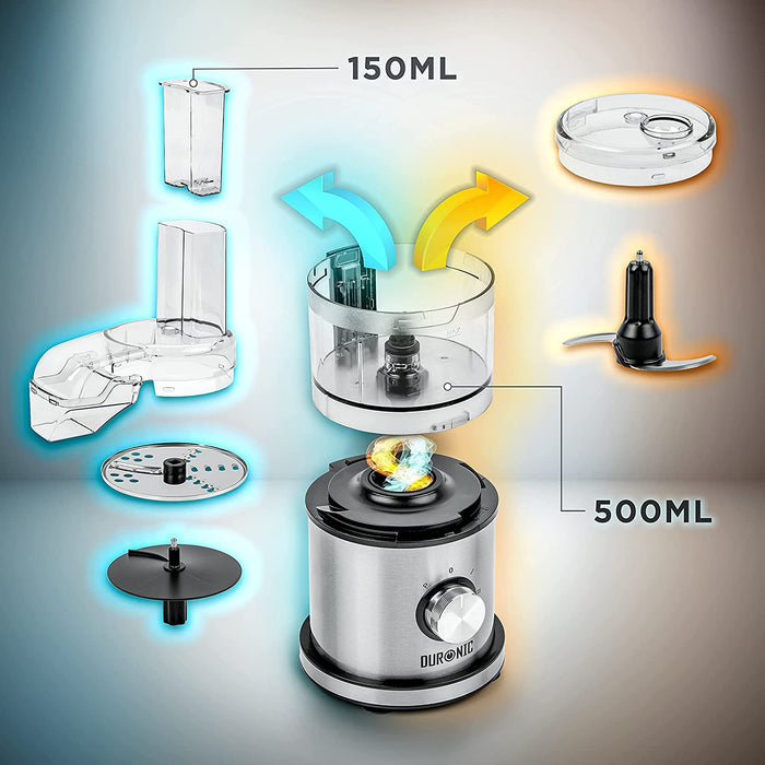 Duronic MFP400 Mini robot de cuisine et hachoir de 400W | Hachoir électrique Râpe et Mixe | Capacité de 500 ml | 3 Vitesses disponibles