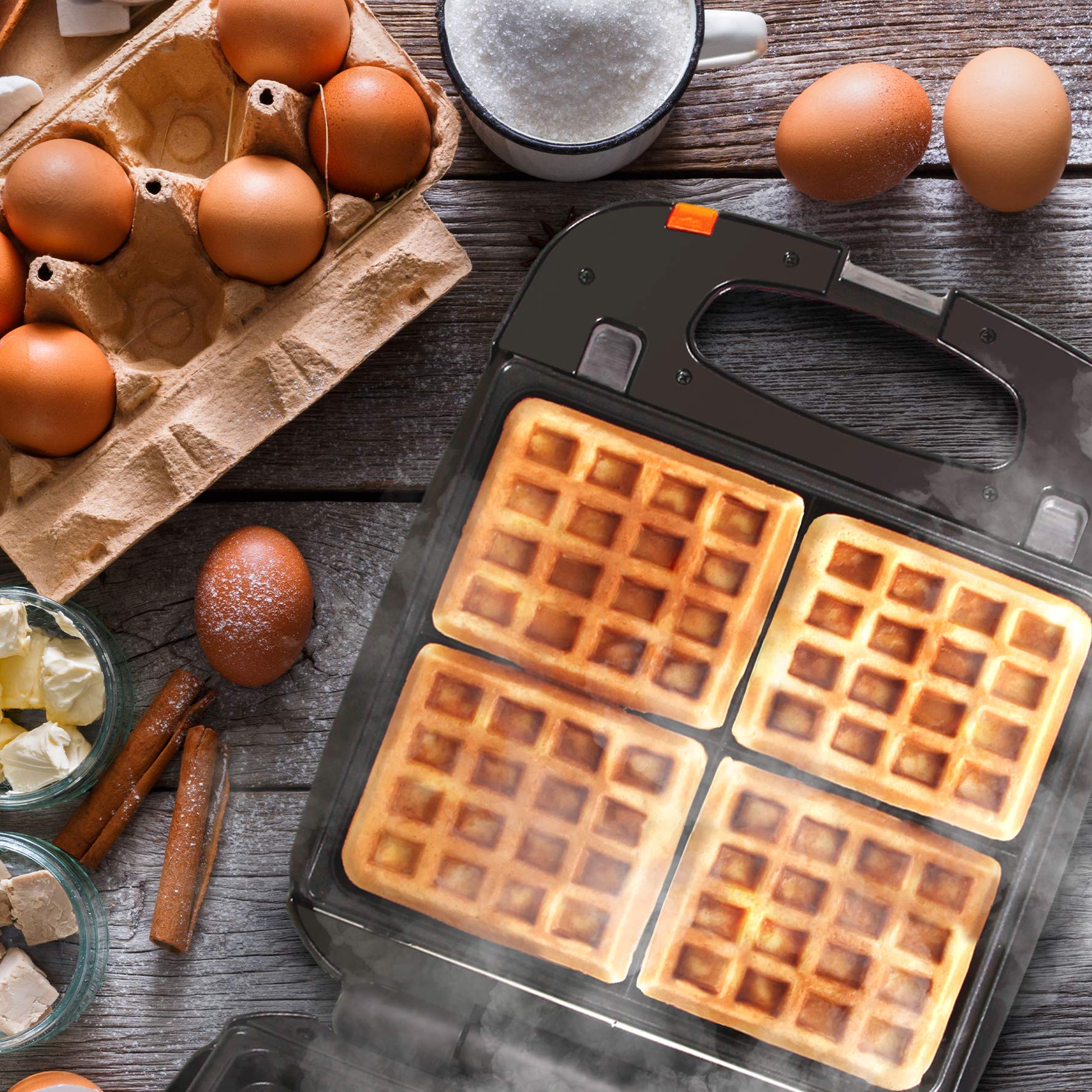 Duronic WM60 Gaufrier électrique | Plaques de cuisson antiadhésives détachables | 4 gaufres | 1200W | Poignées thermo-isolante | Pour gaufres belges de Liège ou Bruxelles, sucrées, salées, brunch