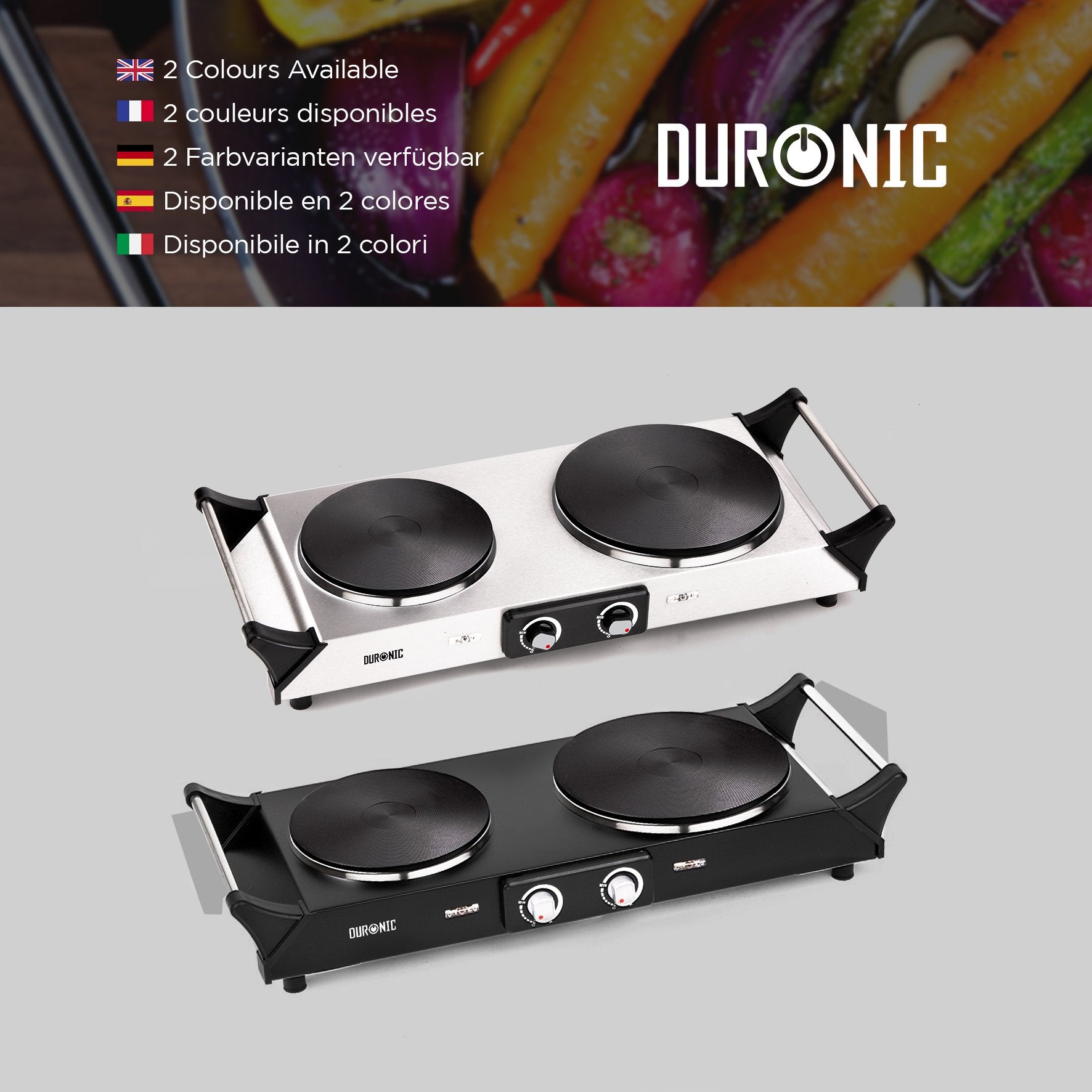 Duronic HP2 BK Plaque de cuisson chauffante électrique avec double foyer en fonte de 20 et 15 cm| 2500W | Compacte et mobile | Poignées ergonomiques | Thermostat | Camping, Camping-car, caravane