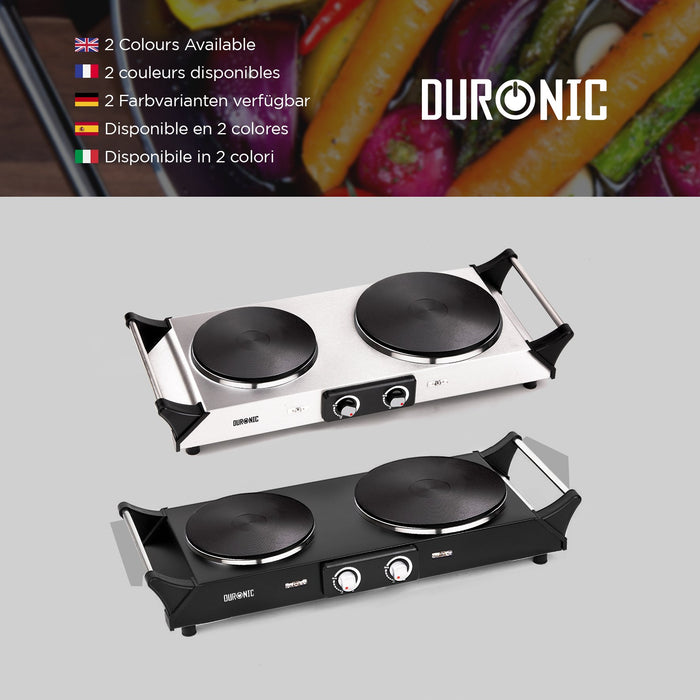 Duronic HP2 SS Plaque de cuisson chauffante électrique avec double foyer en fonte de 20 et 15 cm| 2500W | Compacte et mobile | Poignées ergonomiques | Thermostat | Camping, Camping-car, caravane