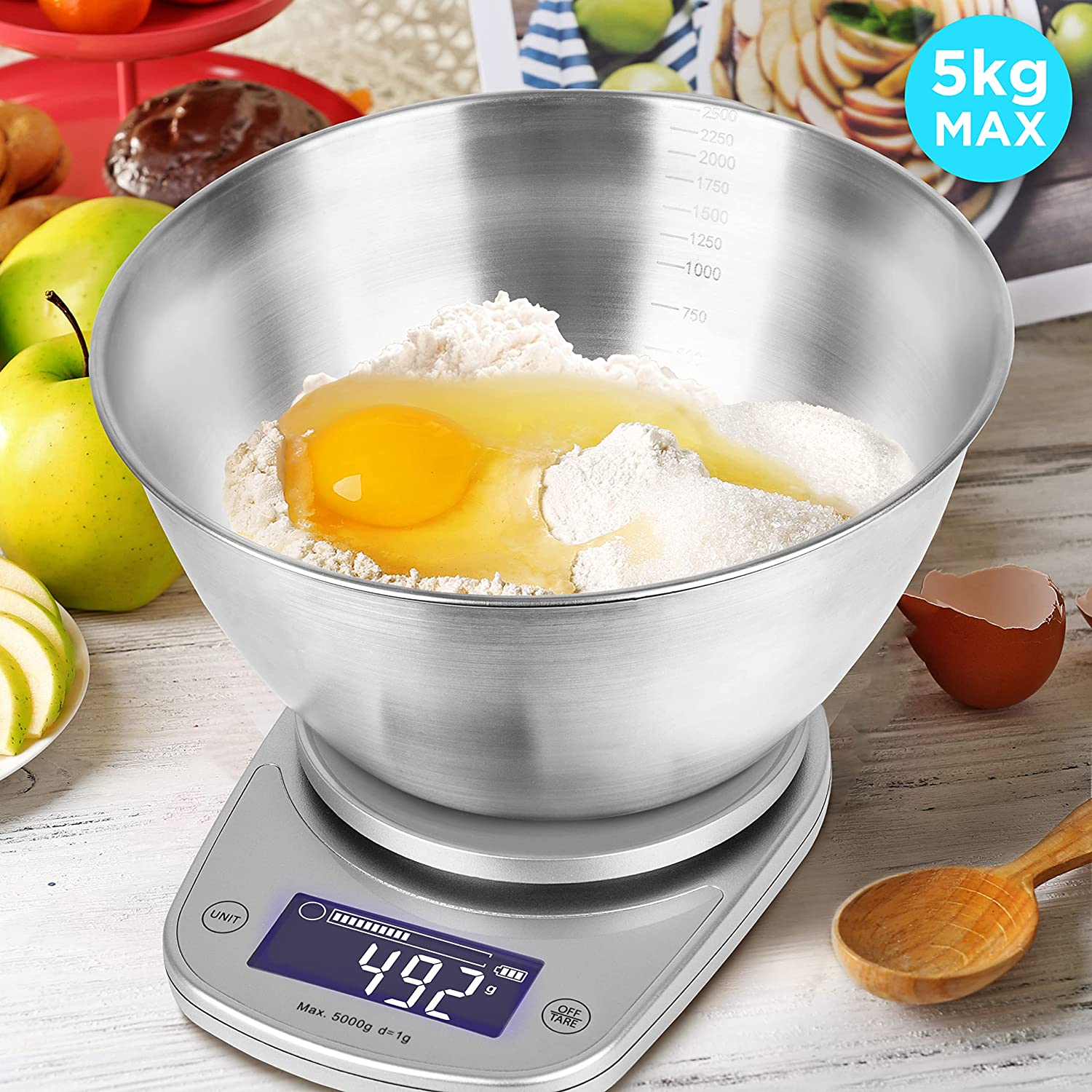 Duronic KS5000 SRSS Balance de Cuisine d'une capacité de 5 kg | Précision à 1 g | Bol en inox de 2.5 L inclus | Large écran LCD | Fonction d'ajout de poids TARE | Idéale pour la pâtisserie