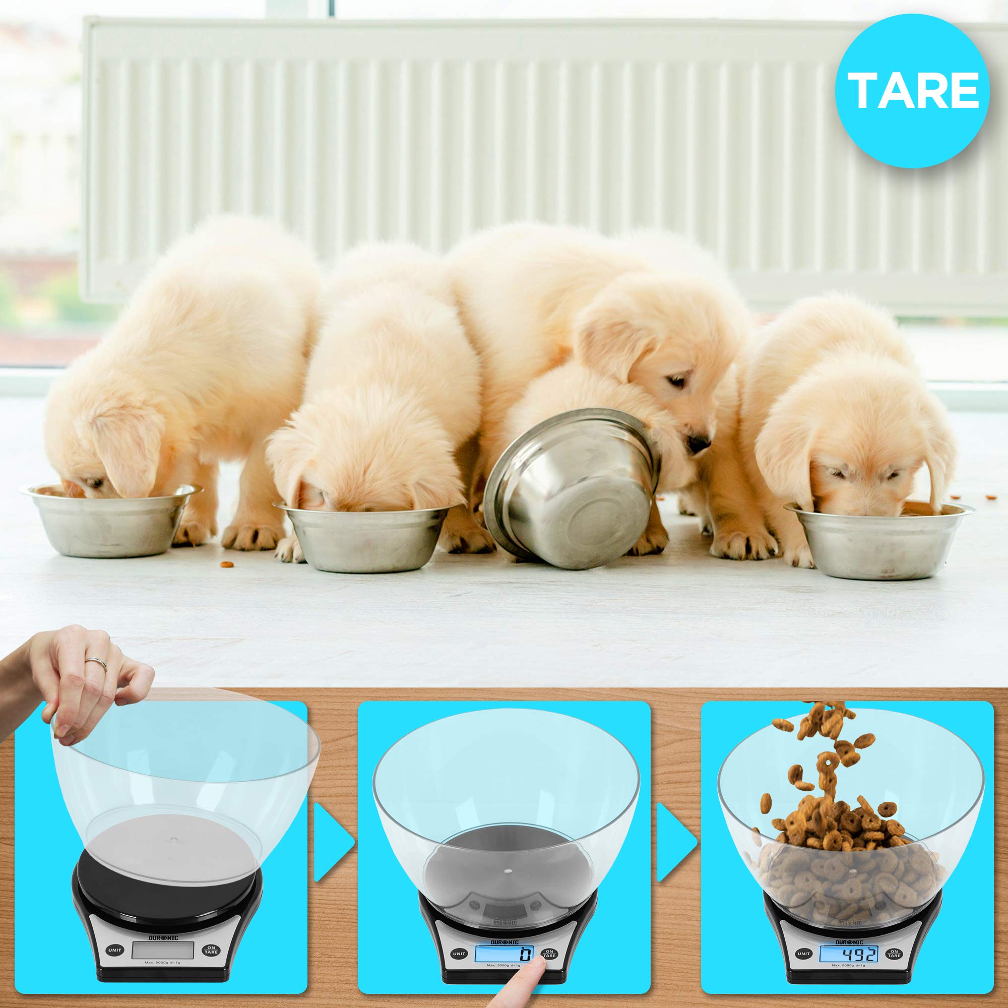 Duronic KS6000 BK Balance de cuisine noire – Capacité de 5 kg – Large écran rétroéclairé – Bol de 2 L inclus – Fonction d'ajout de poids – Précision à 1 g – Idéale pour la pâtisserie ou comme balance postale
