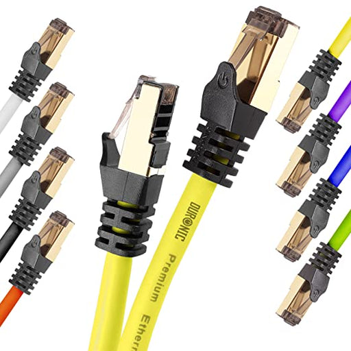 Duronic CAT8 YW Câble Ethernet 1,5 M Jaune | S/FTP paire torsadée écrantée et blindée | Bande passante 2GHz / 2000 MHz | Transmission des données 40 Gigabits | Connecteurs RJ45 en or avec manchon